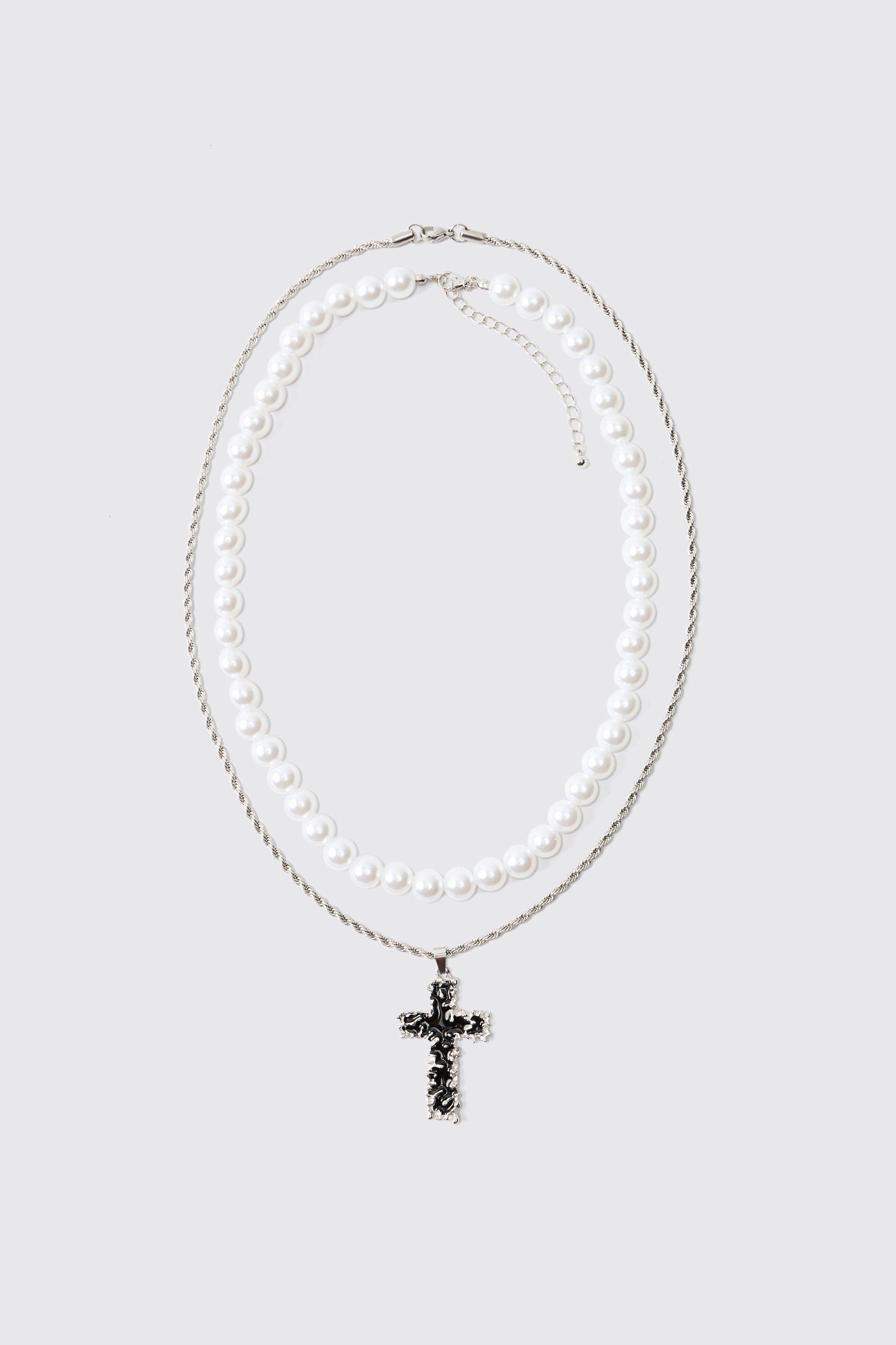 Mens Grey Layered Cross And Pearl Necklace, Grey