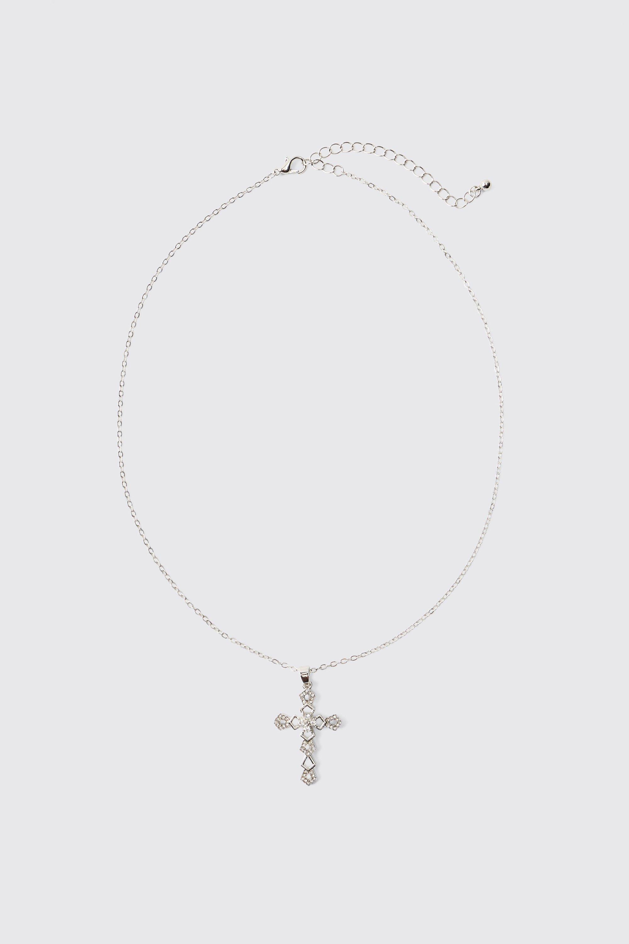 Mens Grey Iced Cross Necklace In Silver, Grey