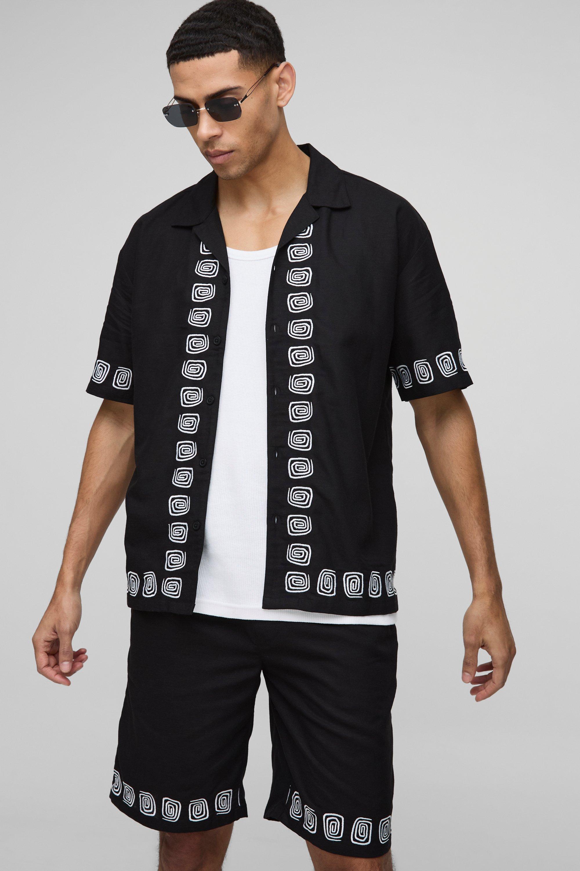 Mens Black Oversized Embroidery Linen Blend Shirt & Short Set, Black
