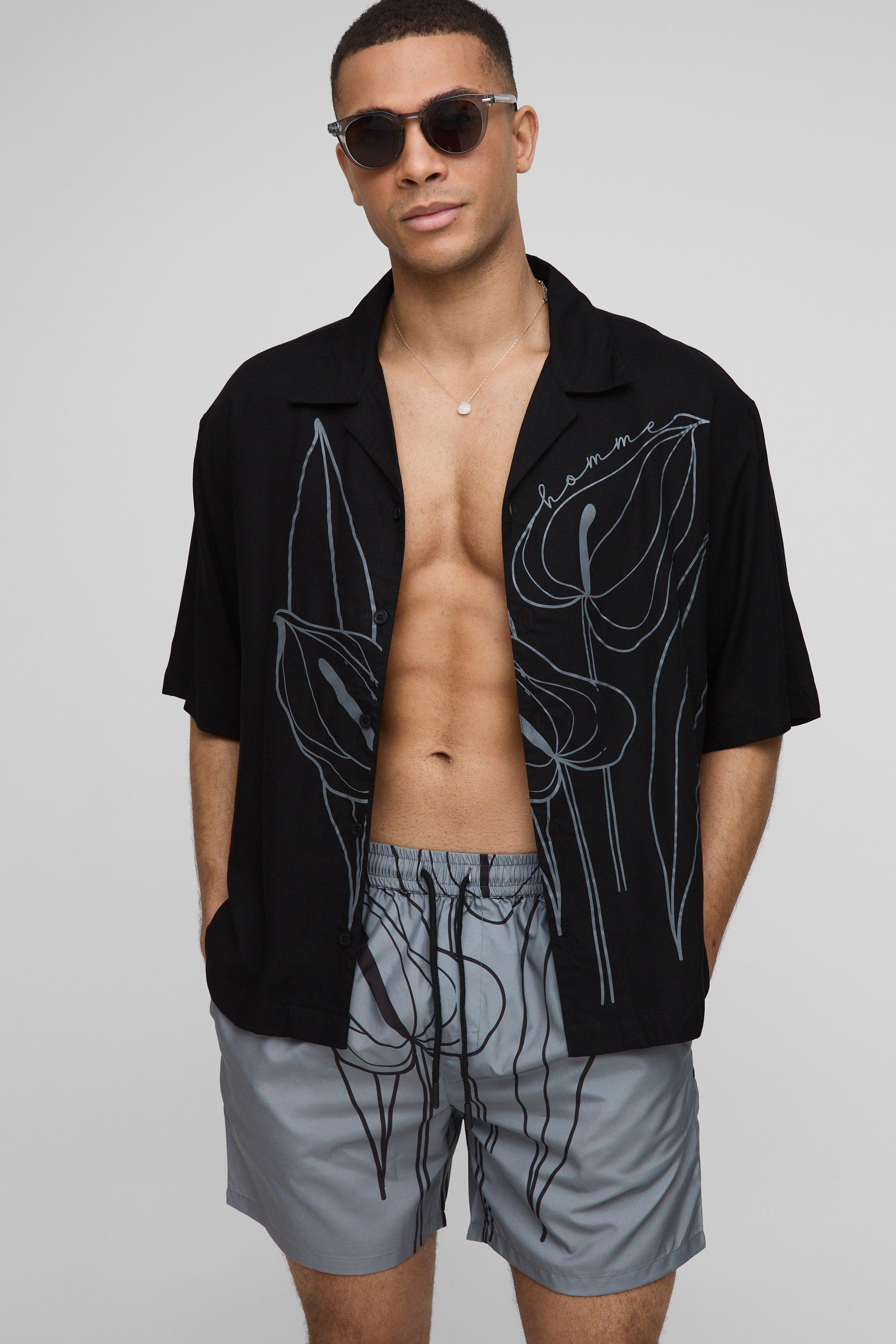 Mens Grey Oversized Floral Line Printed Revere Shirt & Swim Set, Grey