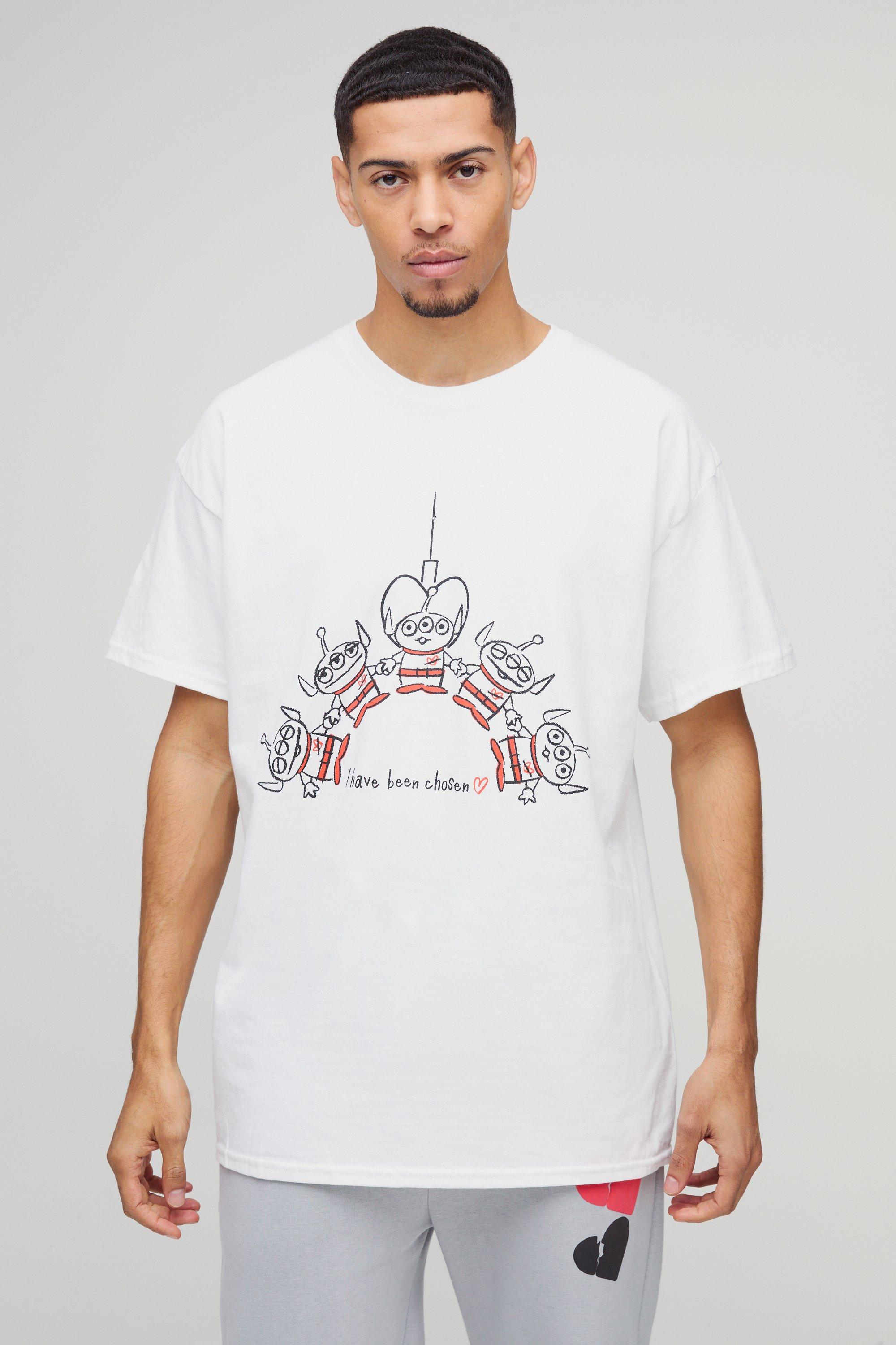 Mens White Oversized Disney Toy Story Aliens Heart License T-Shirt, White