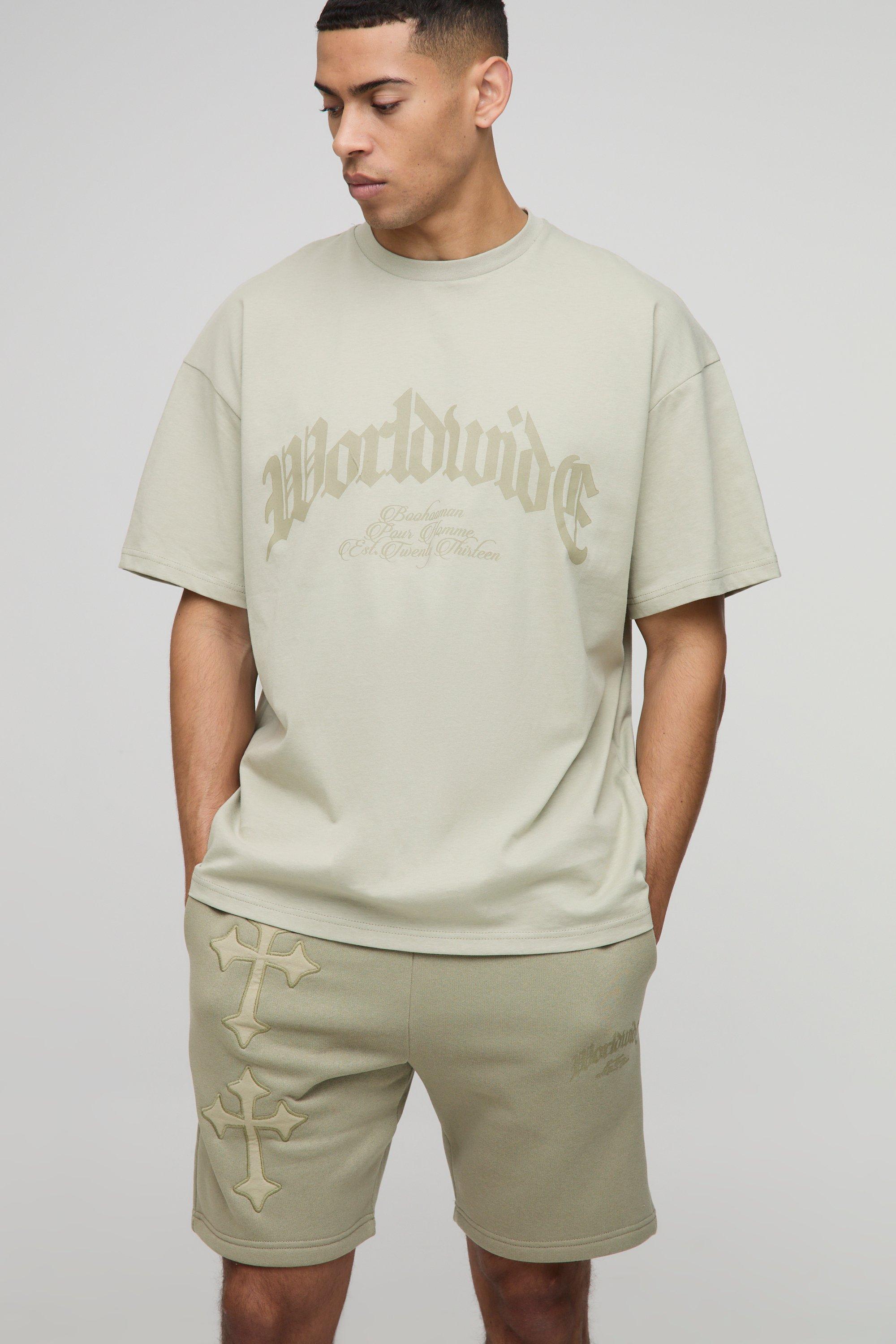 Image of Set T-shirt oversize con applique a croce & pantaloncini, Verde
