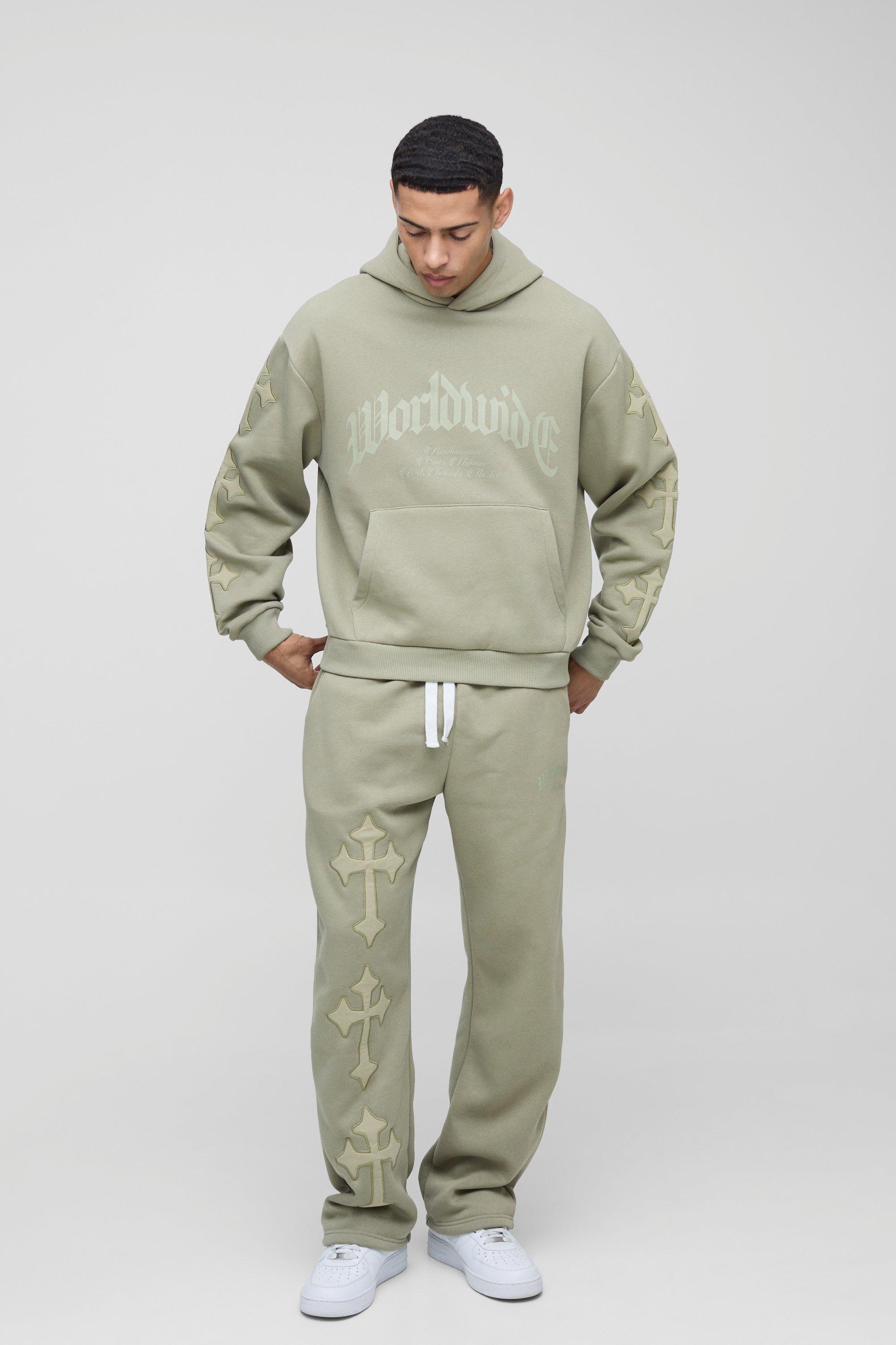 Mens Green Oversized Boxy Cross Applique Hooded Tracksuit, Green