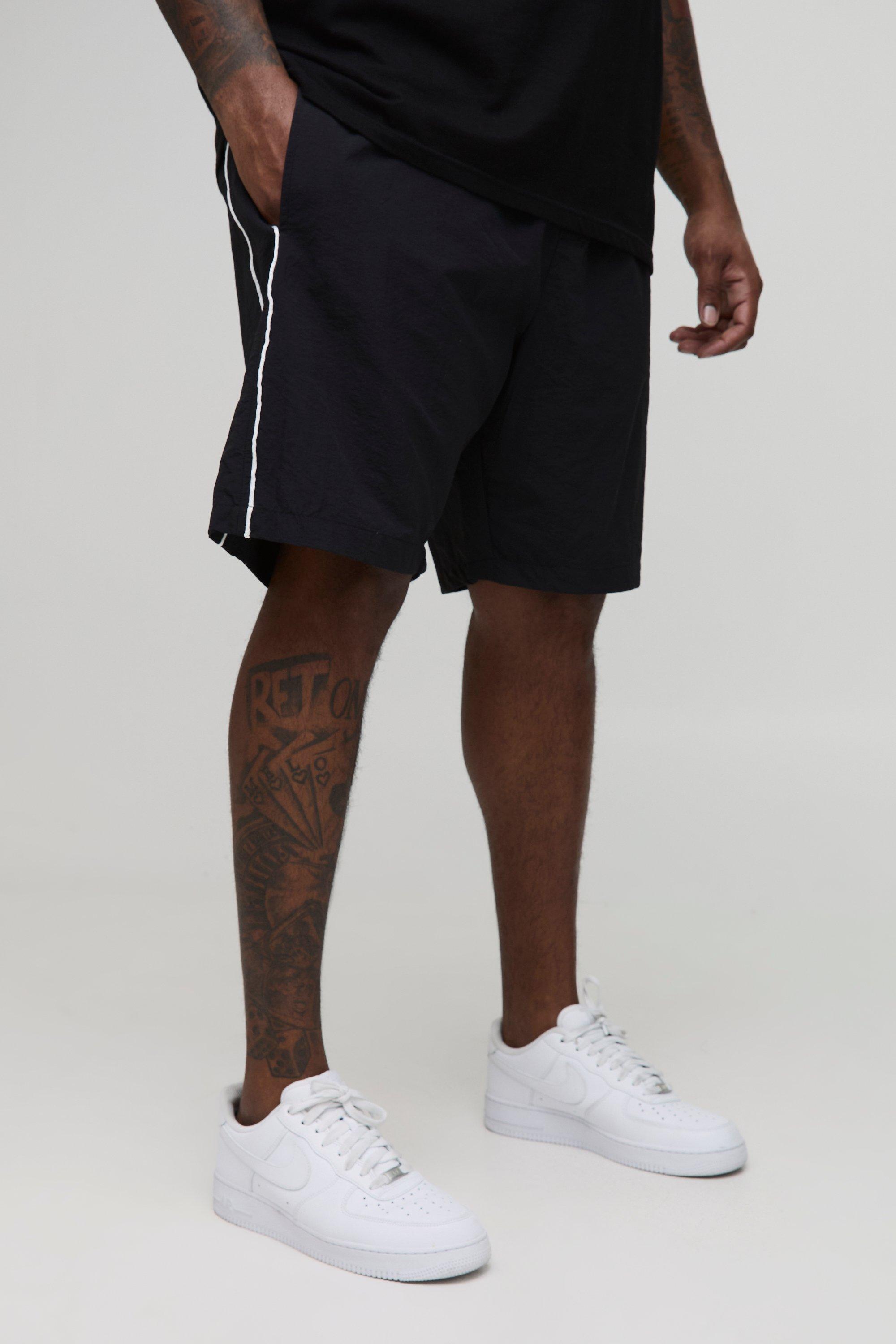 Mens Black Plus Regular Fit Piping Detail Nylon Shorts, Black