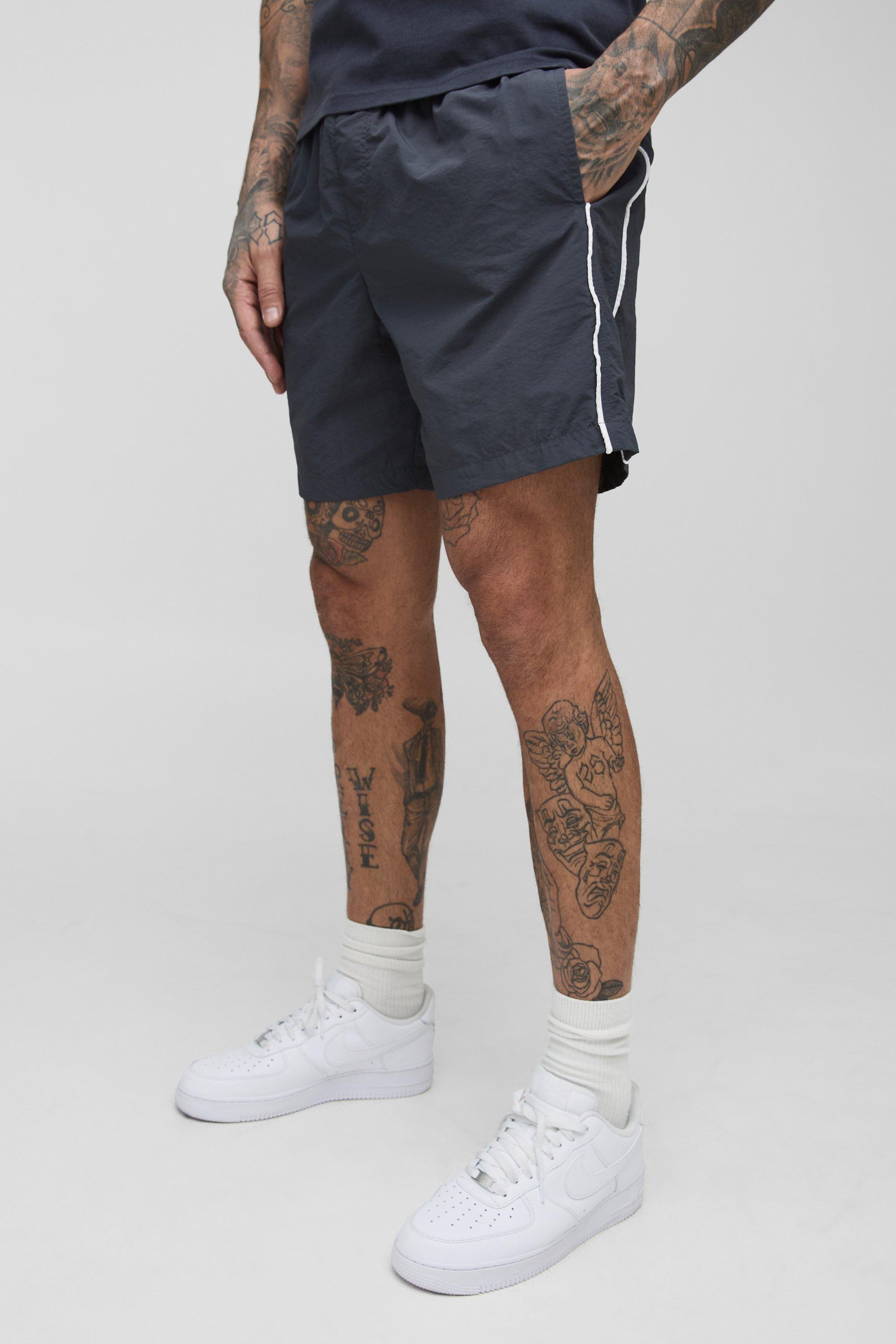 Mens Grey Tall Piping Detail Nylon Shorts, Grey