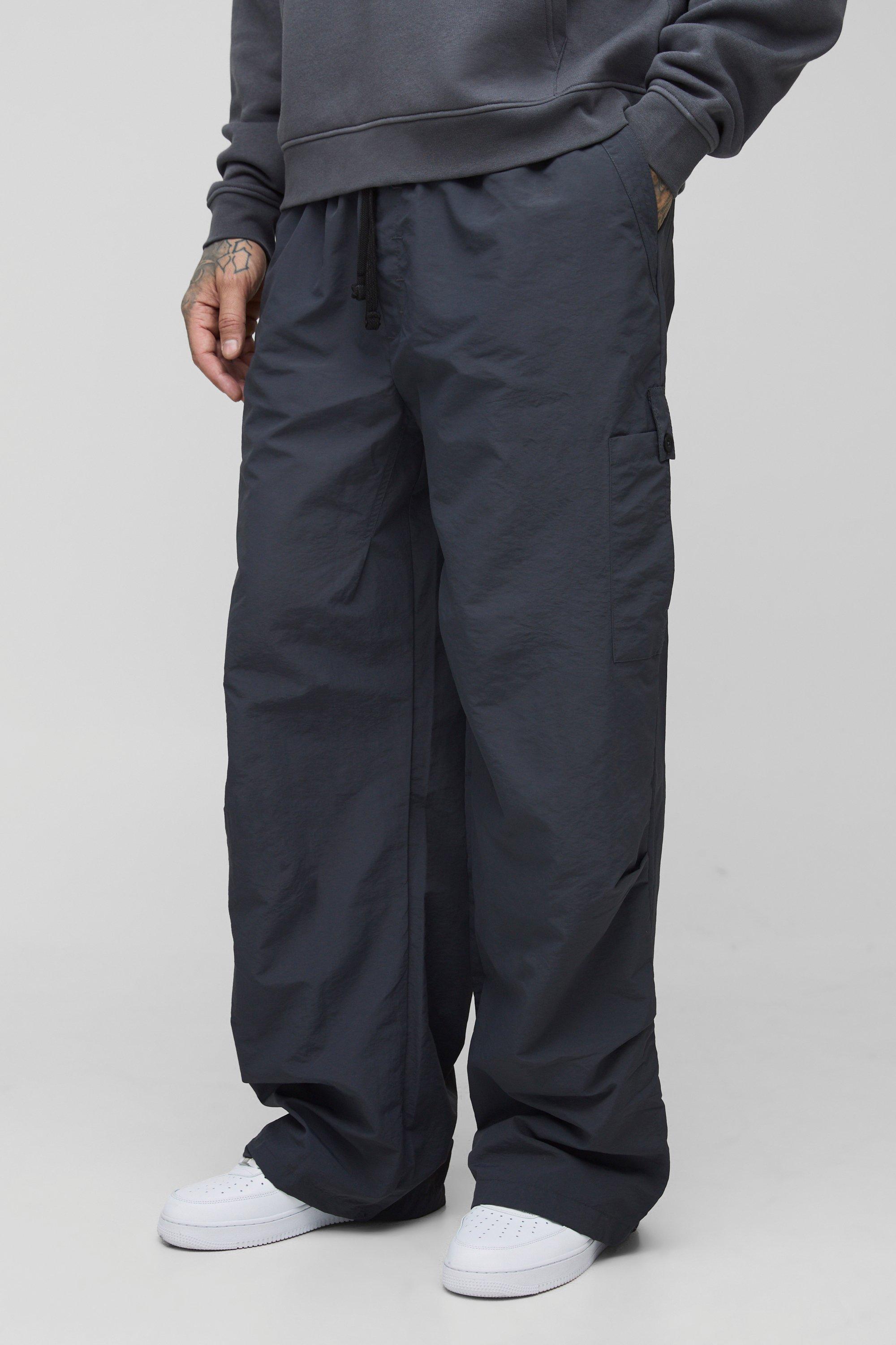Mens Grey Tall Drawcord Waist Pleat Knee Parachute Trousers, Grey