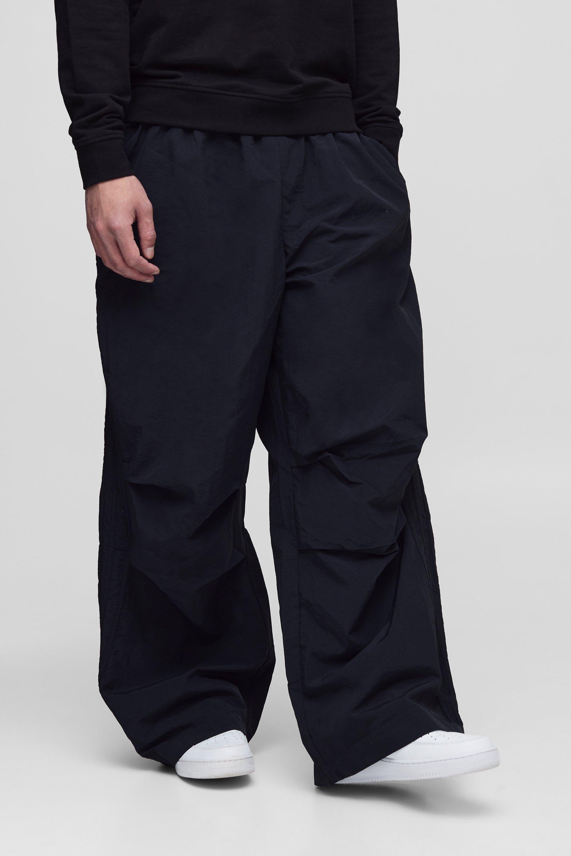 Mens Black Tall Elasticated Waist Pleat Parachute Trousers, Black