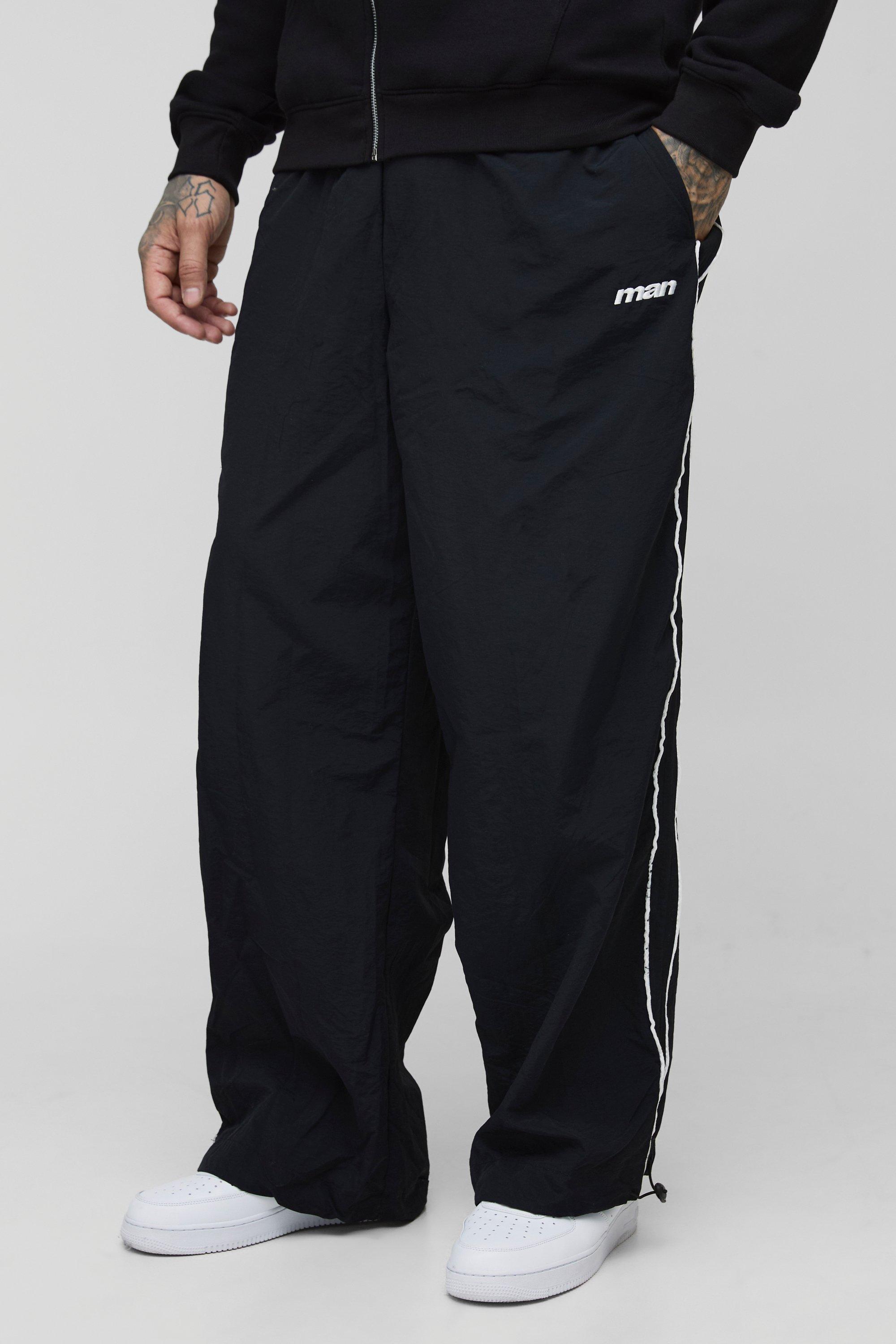 Mens Black Tall Stripe Embroidered Parachute Trousers, Black