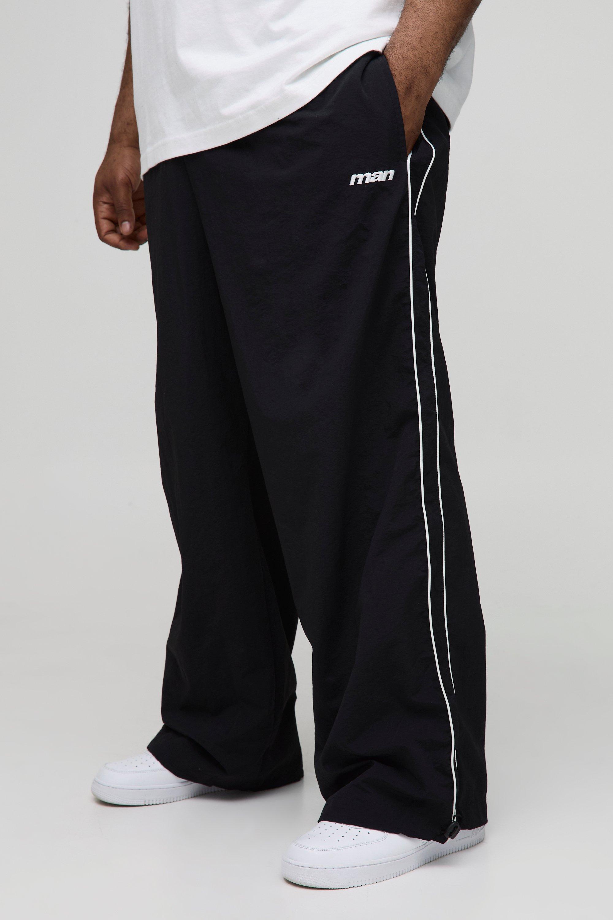 Mens Black Plus Stripe Embroidered Parachute Trousers, Black