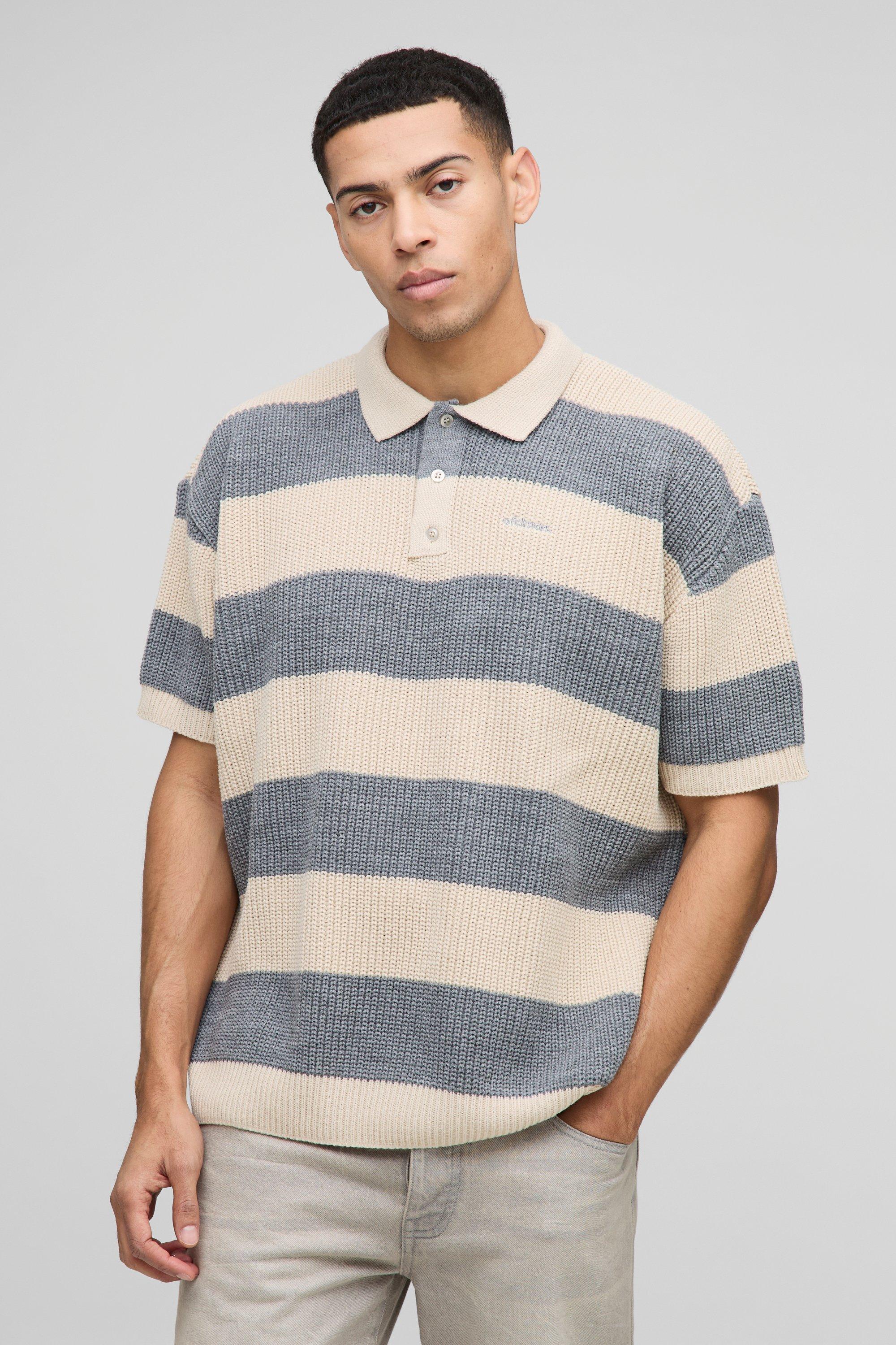 Image of Polo oversize in maglia a maniche corte a righe con ricami, Grigio