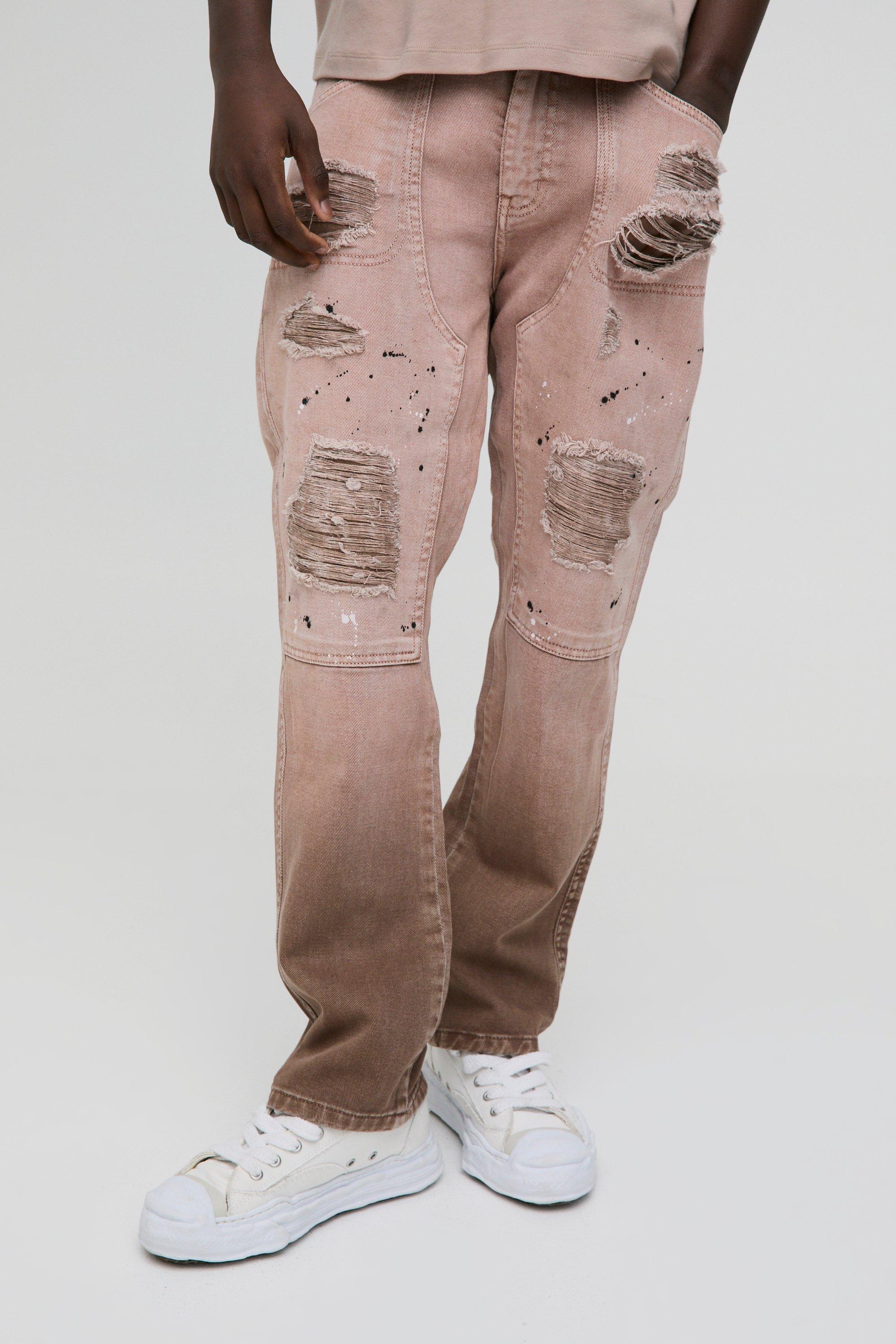 Image of Jeans dritti stile Carpenter con strappi e schizzi di colore, Beige
