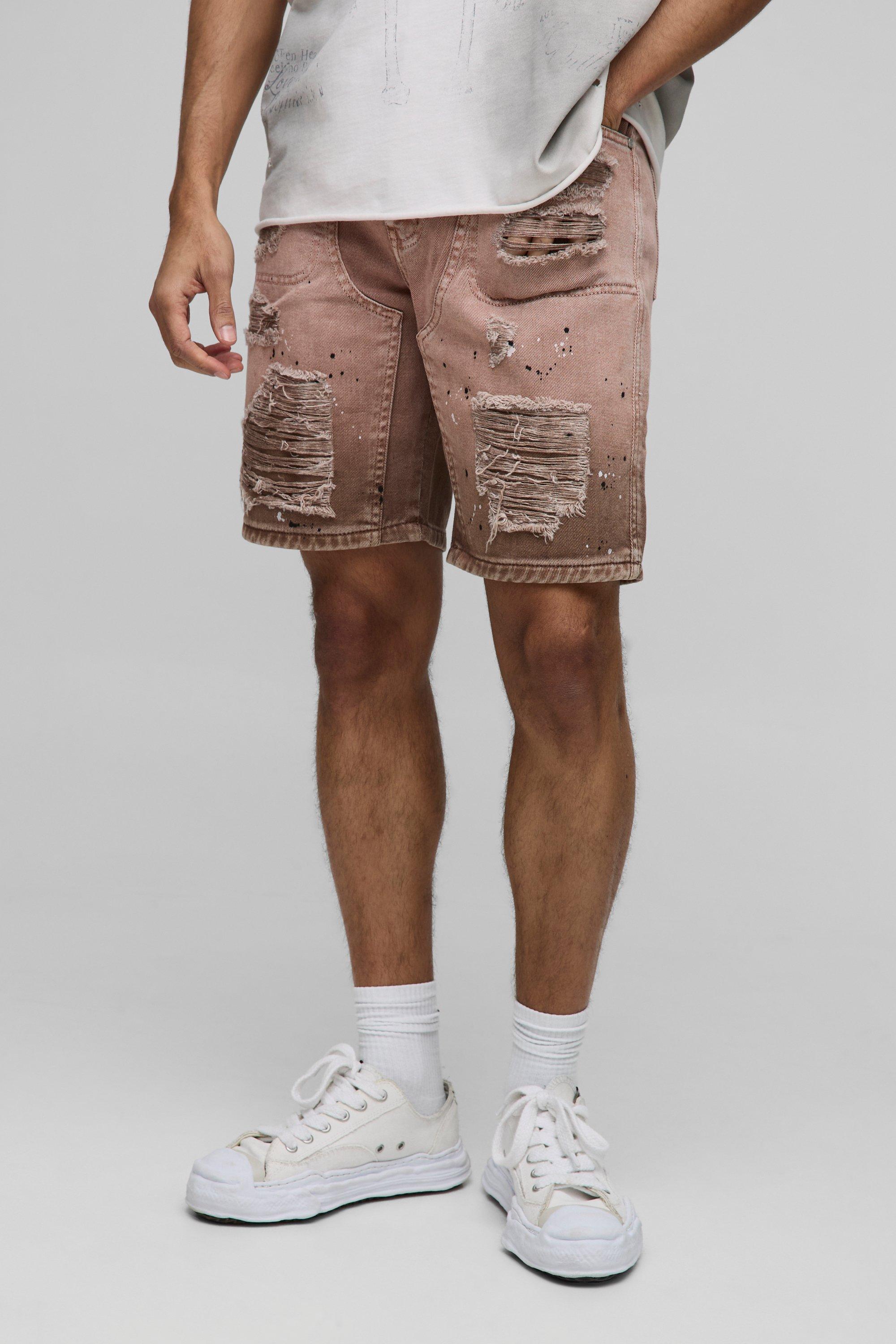 Straight Fit Ripped Carpenter Paint Splatter Denim Shorts