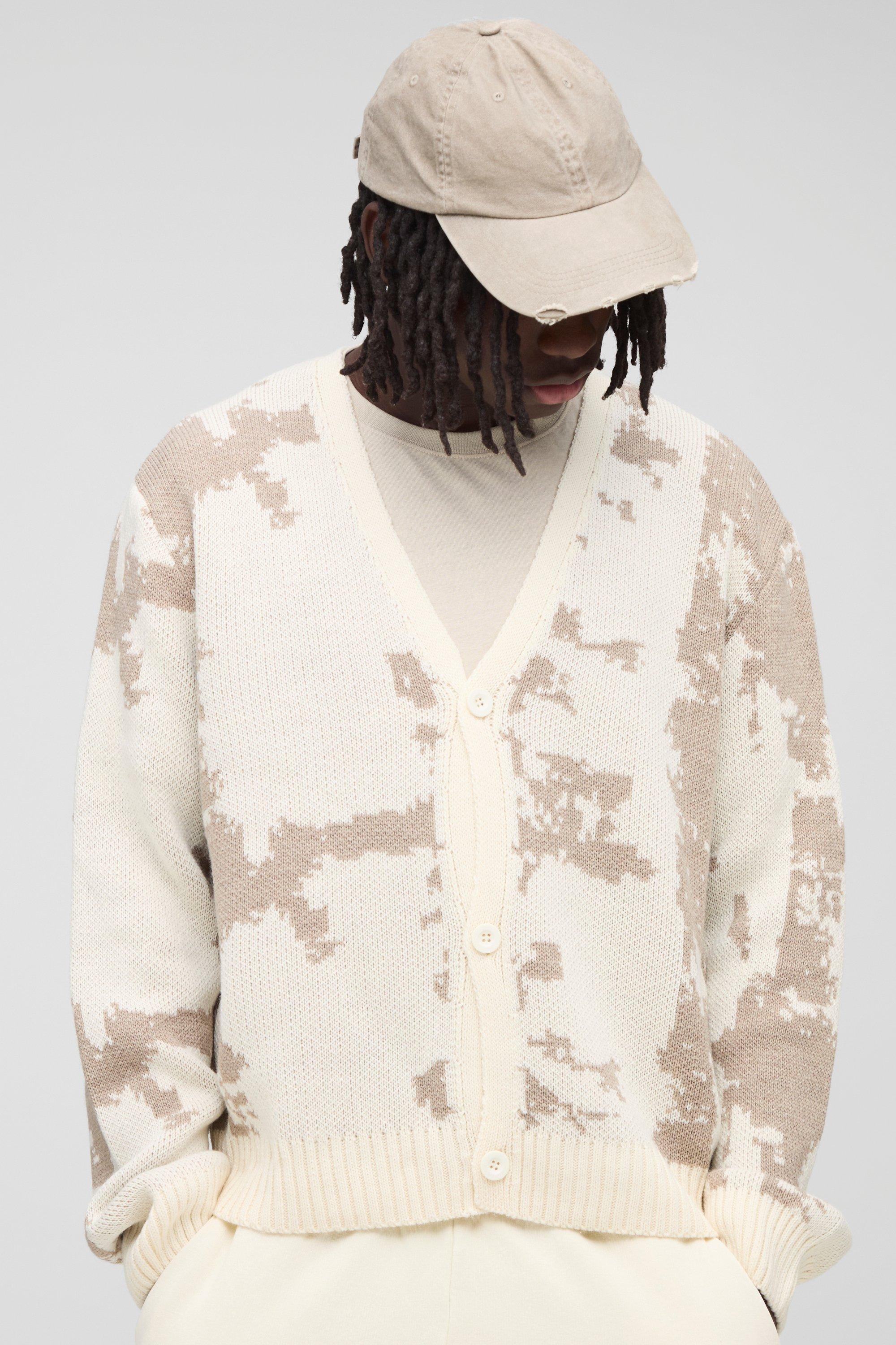 Mens Cream Boxy Jacquard Knitted Cardigan, Cream