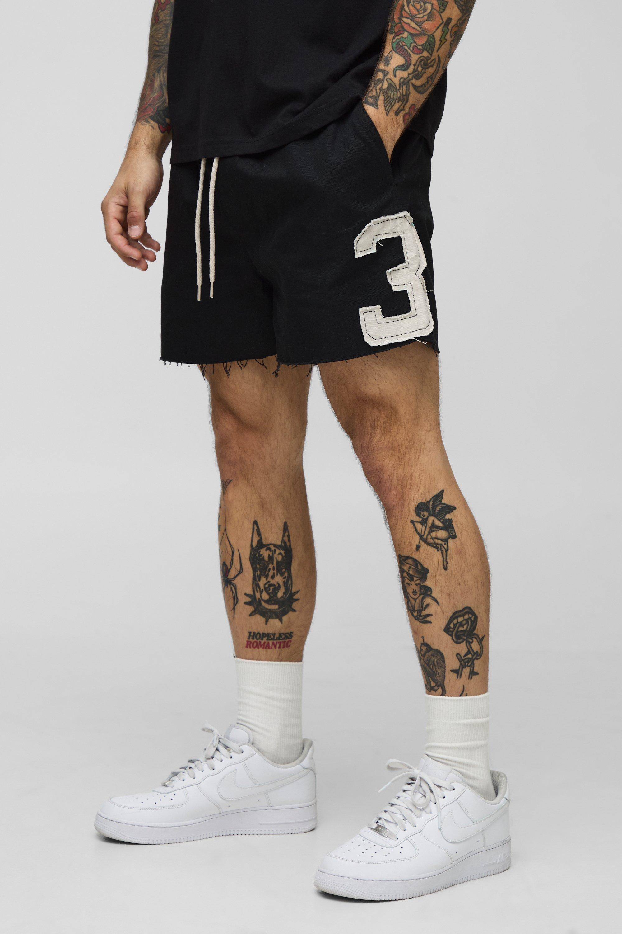 Elasticated Waist Canvas Raw Edge Applique Fighter Shorts