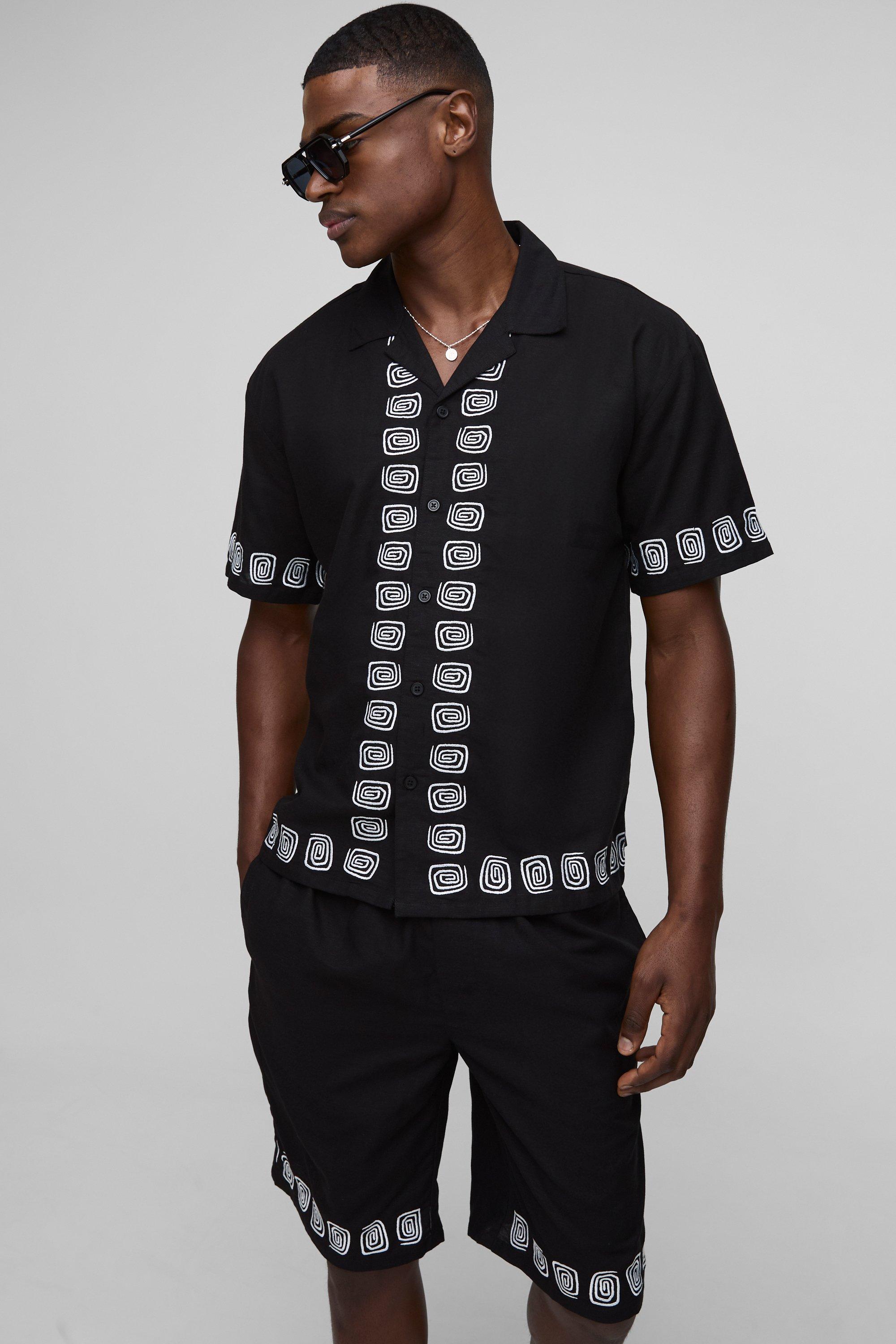 Mens Black Oversized Embroidery Linen Blend Shirt & Short Set, Black