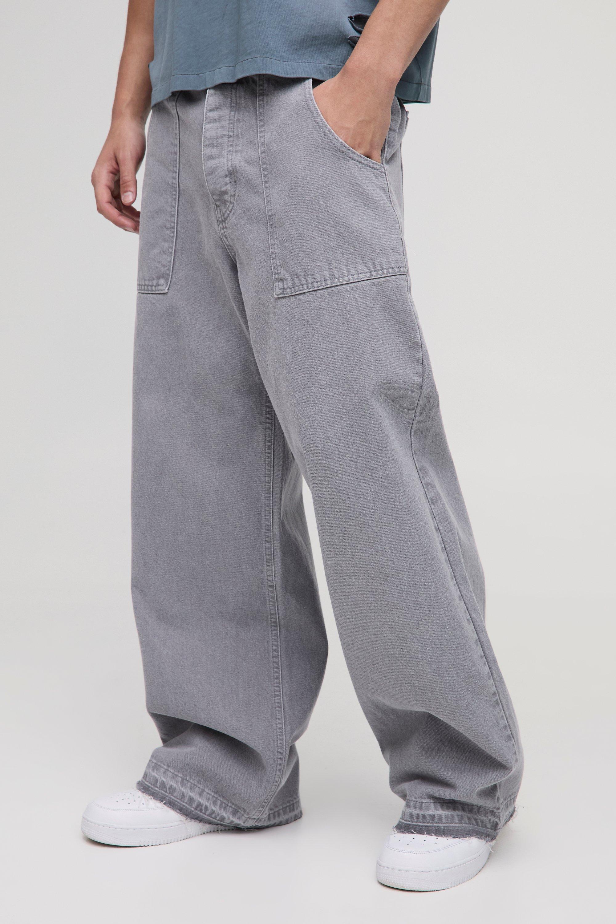 Mens Wide Leg Ice Grey Washed Distressed Hem Jeans, Grey