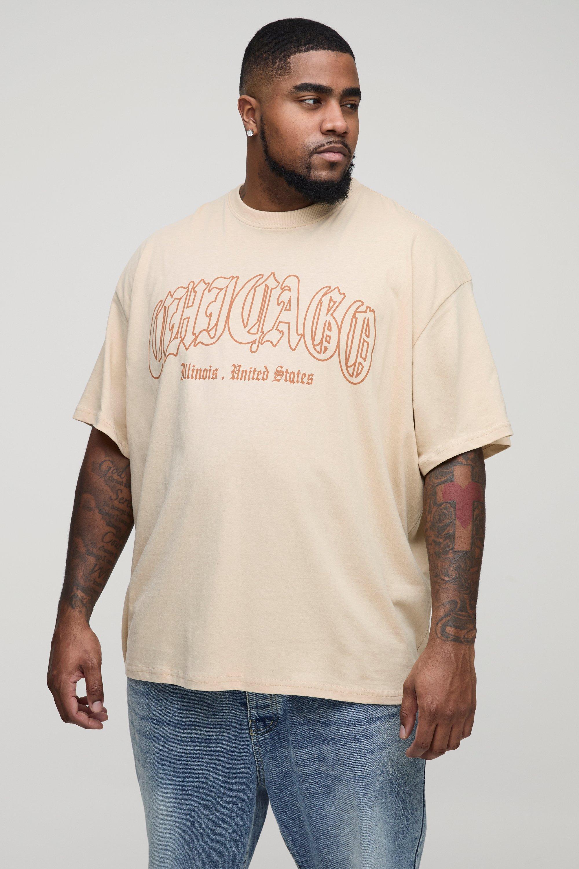 Mens Beige Plus Oversized Chicago Print T-shirt, Beige