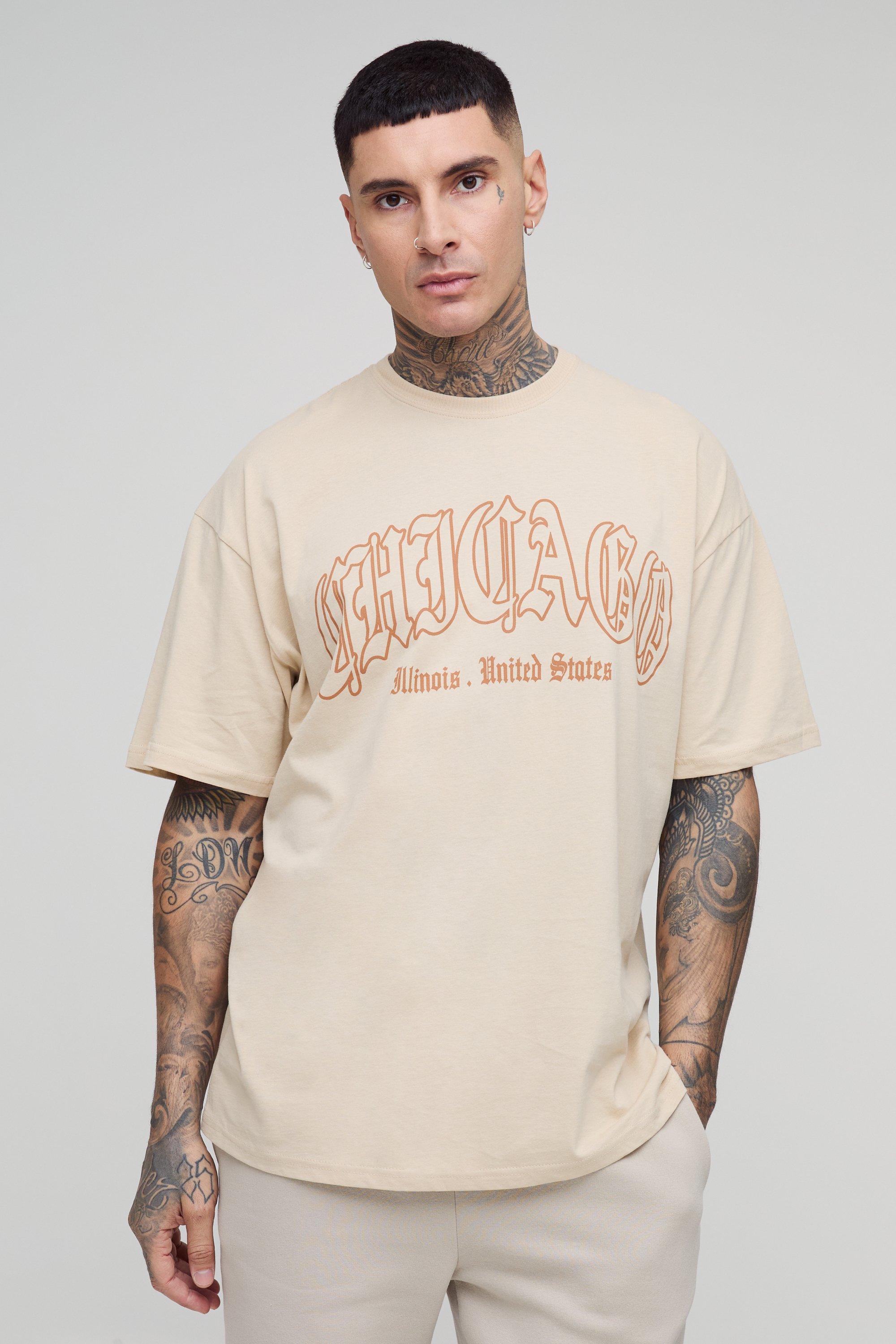 Mens Beige Tall Oversized Chicago Print T-shirt, Beige