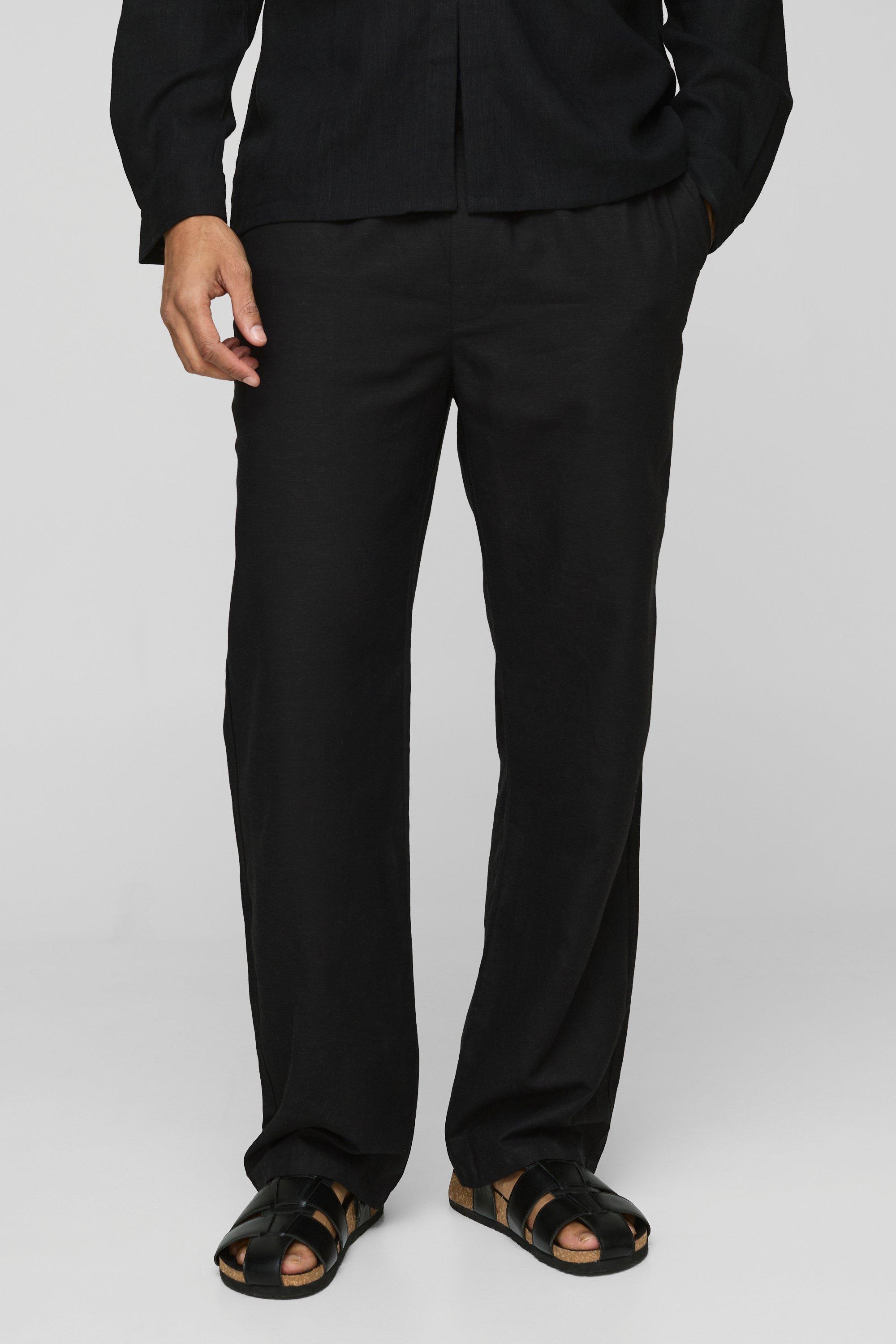 Mens Black Elasticated Waist Relaxed Fit Linen Blend Trousers, Black