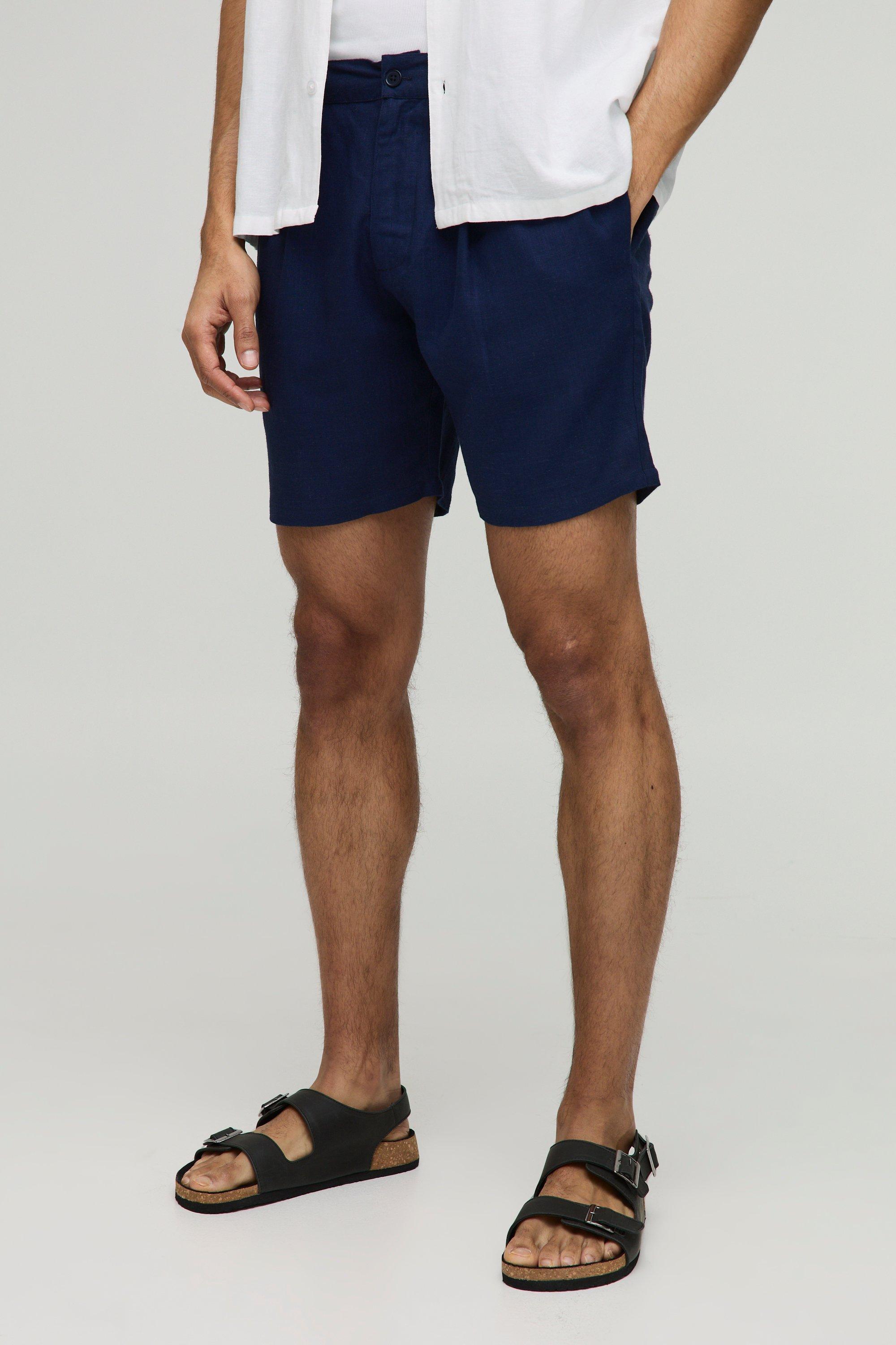 Mens Navy Half & Half Waistband Slim Fit Pleat Front Linen Blend Shorts, Navy