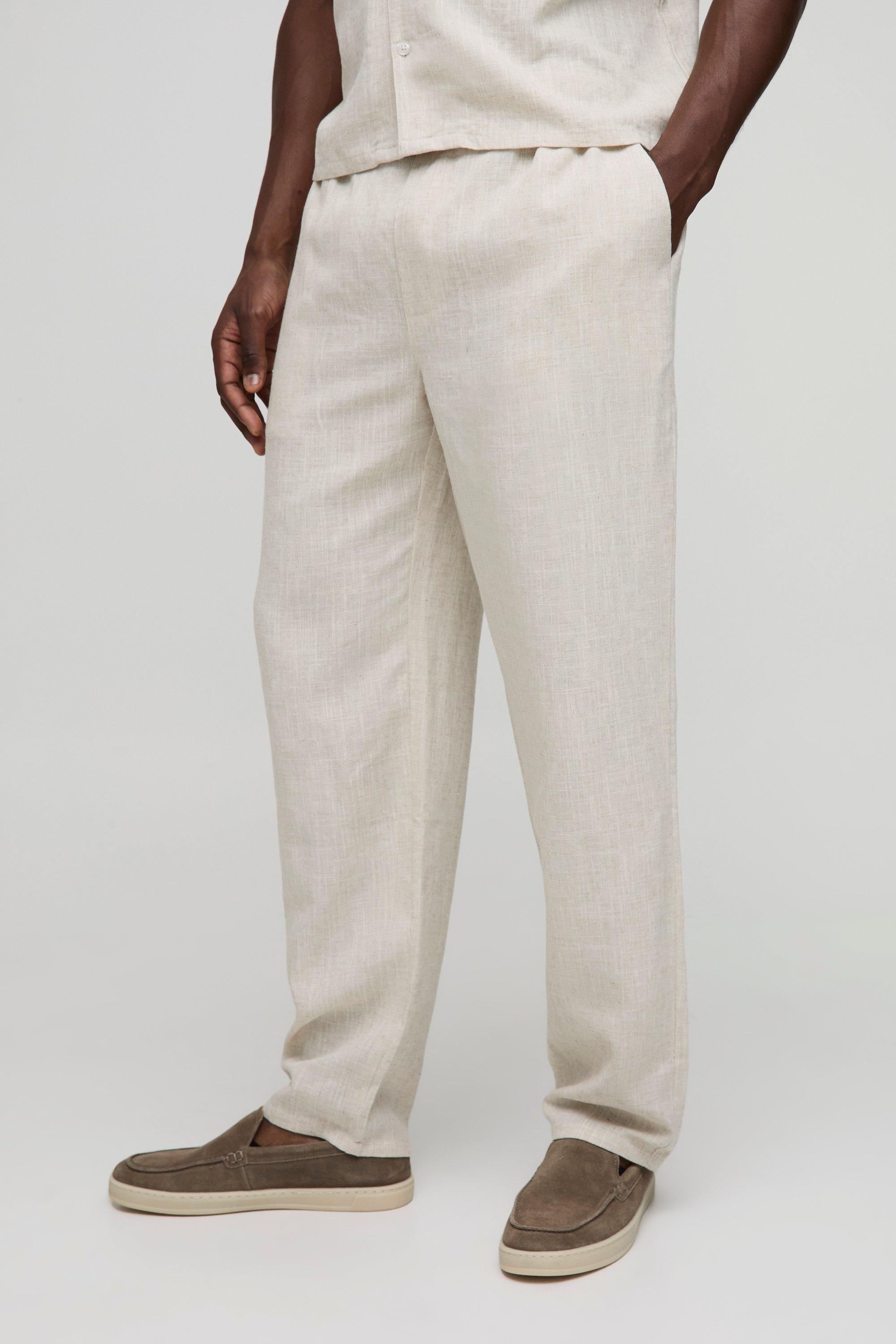 Mens Beige Half & Half Waistband Straight Fit Linen Blend Trousers, Beige