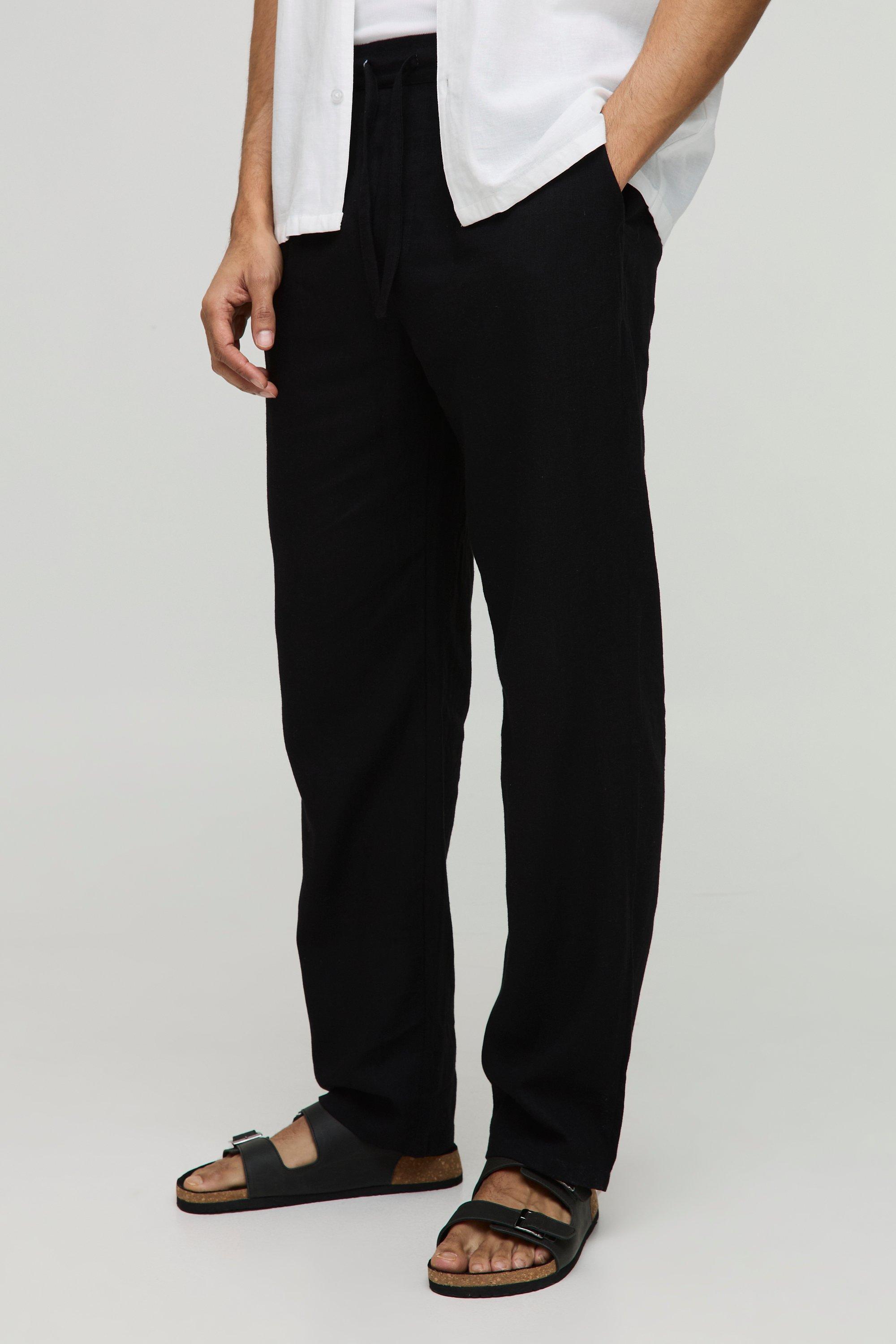 Mens Black Half & Half Waistband Straight Fit Linen Blend Trousers, Black