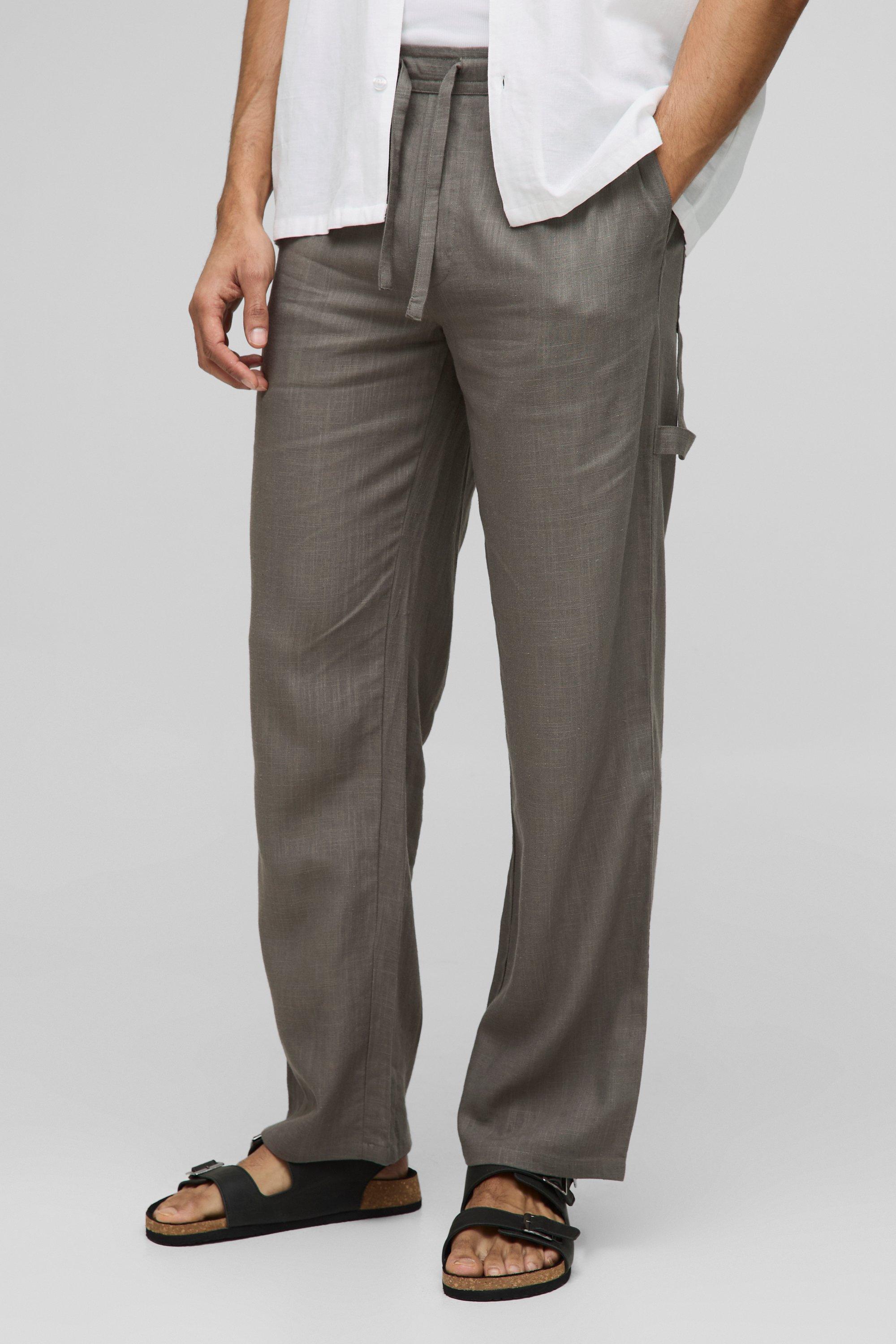 Mens Beige Half & Half Waistband Relaxed Fit Carpenter Linen Blend Trousers, Beige