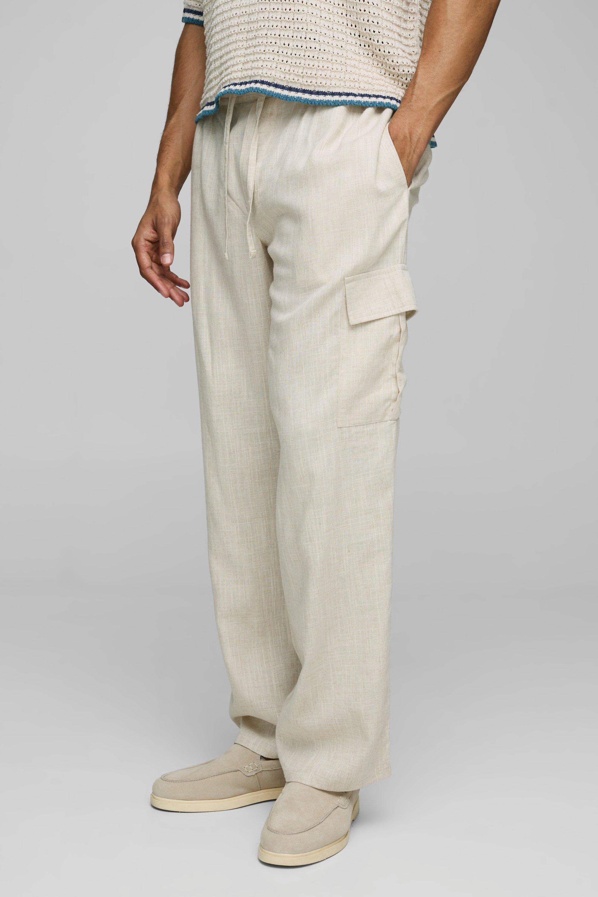 Mens Beige Half & Half Waistband Relaxed Fit Linen Blend Cargo Trousers, Beige