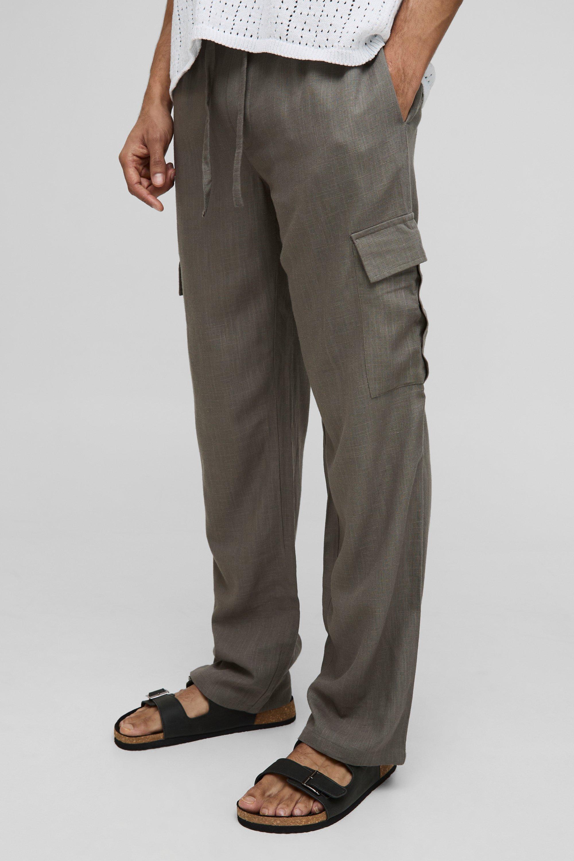 Mens Beige Half & Half Waistband Relaxed Fit Linen Blend Cargo Trousers, Beige