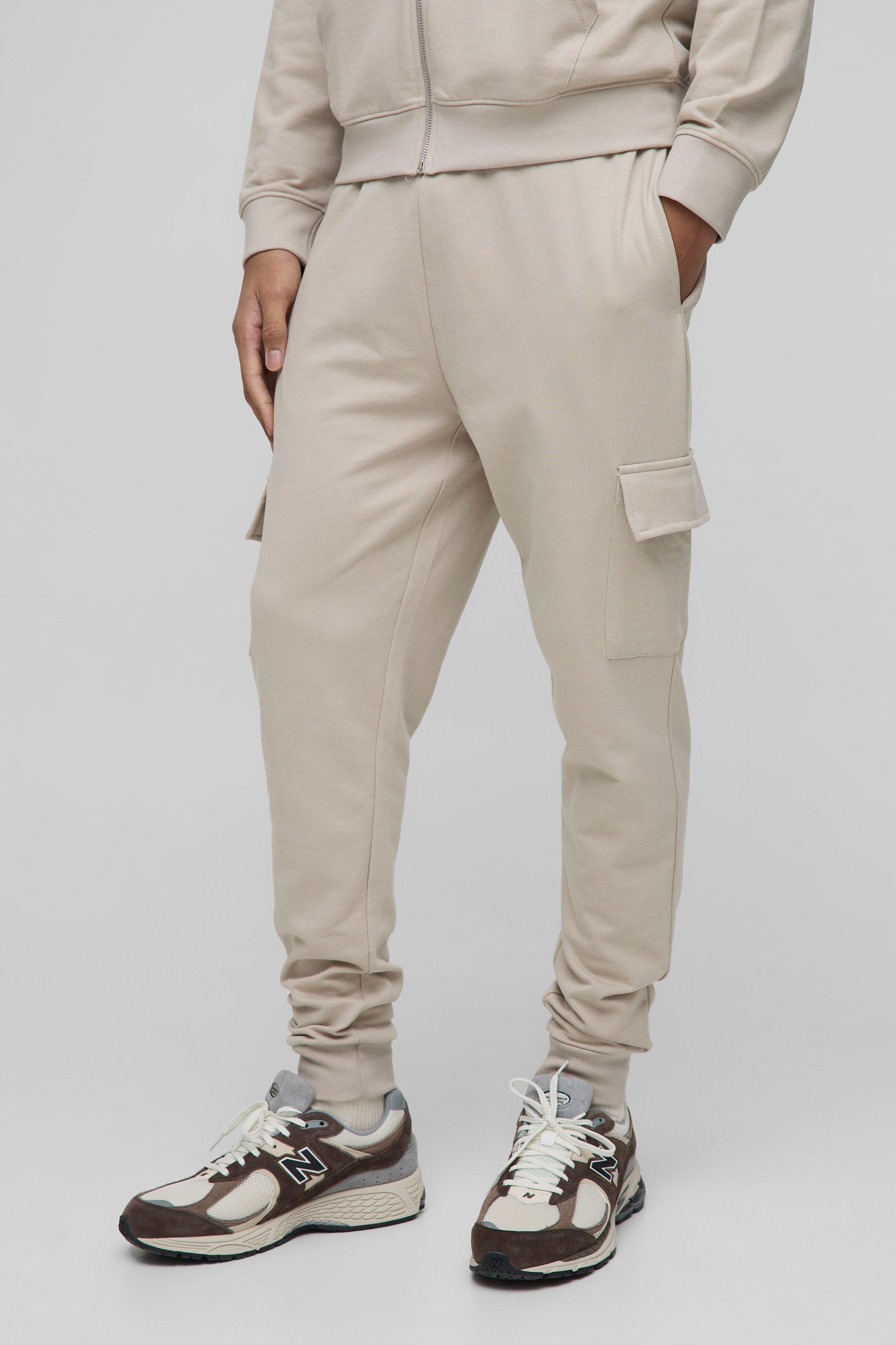Mens Beige 260GSM Loopback Basic Slim Fit Cargo Jogger, Beige
