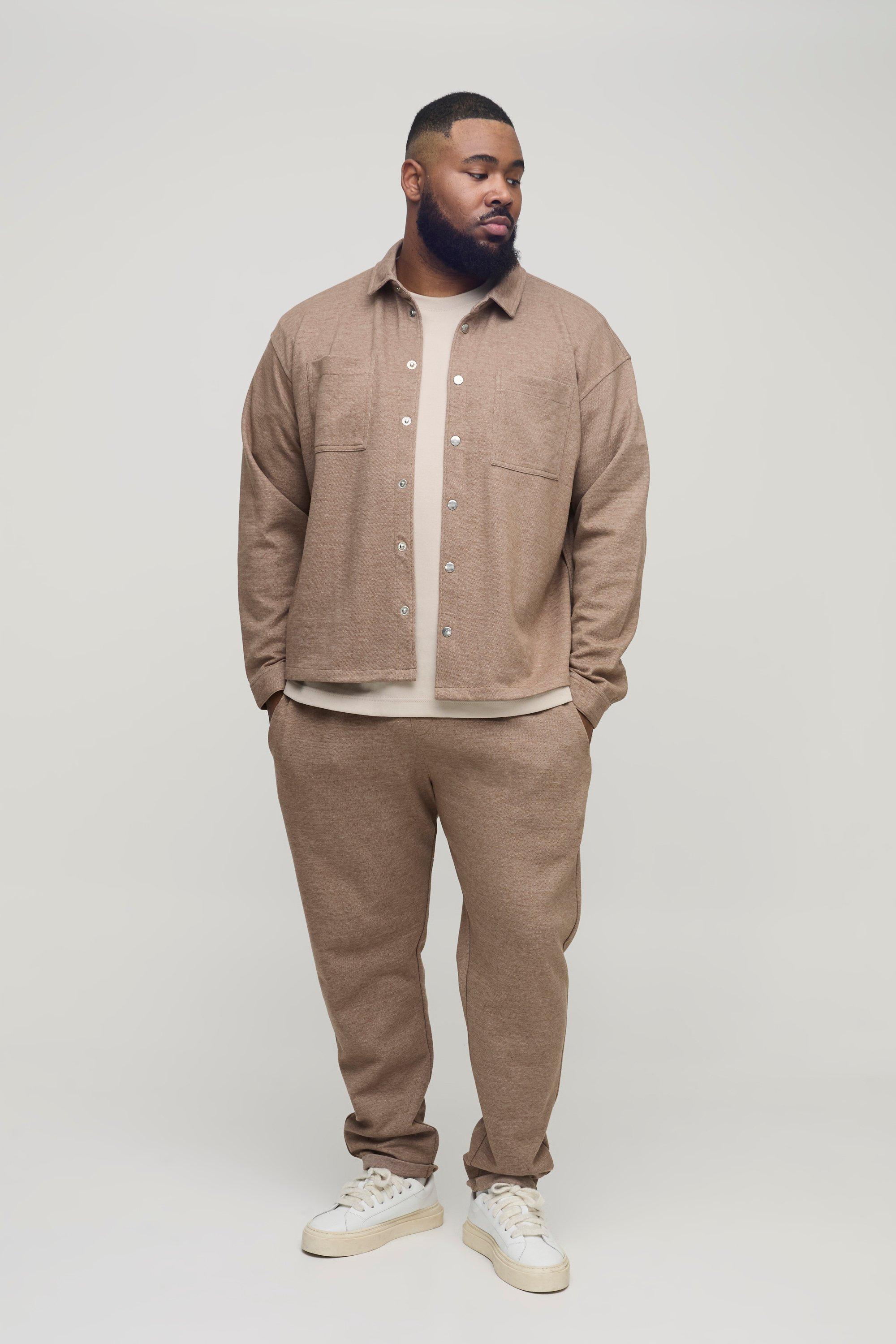 Mens Beige Plus Textured Over Shirt & Tapered Trouser Set, Beige