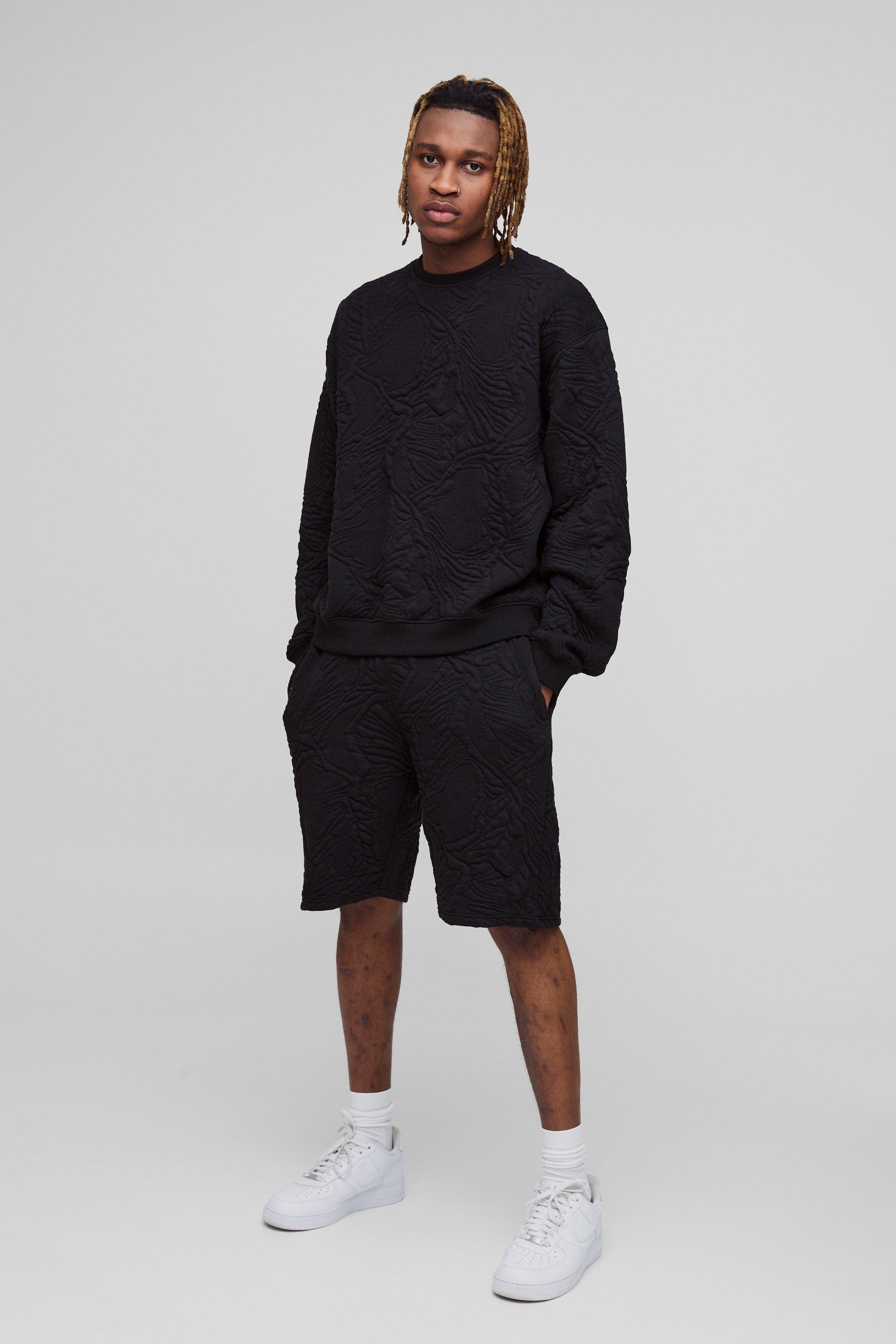 Mens Black Tall Quilted Jacquard Sweat & Short Set, Black