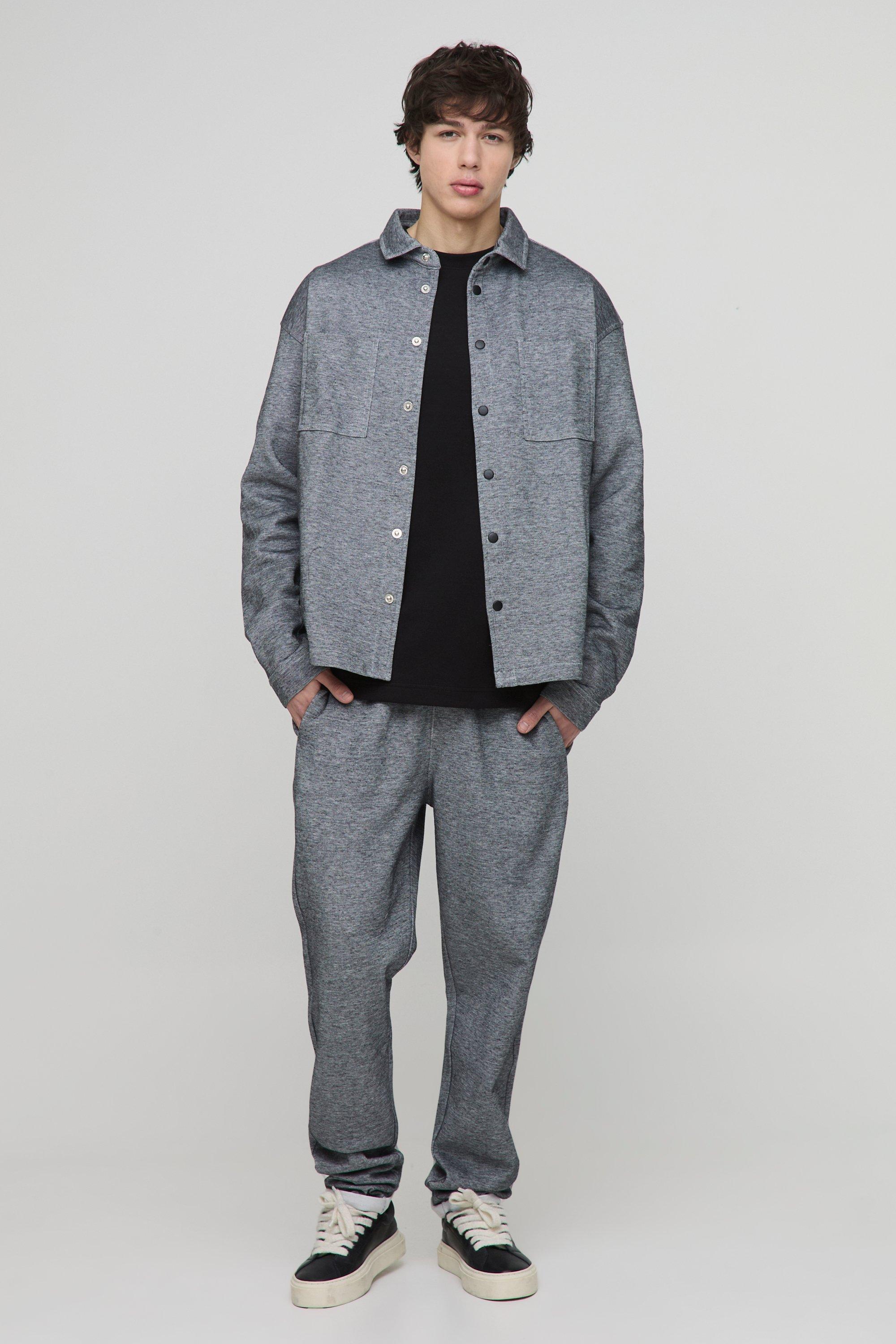 Mens Grey Tall Textured Over Shirt & Tapered Trouser Set, Grey