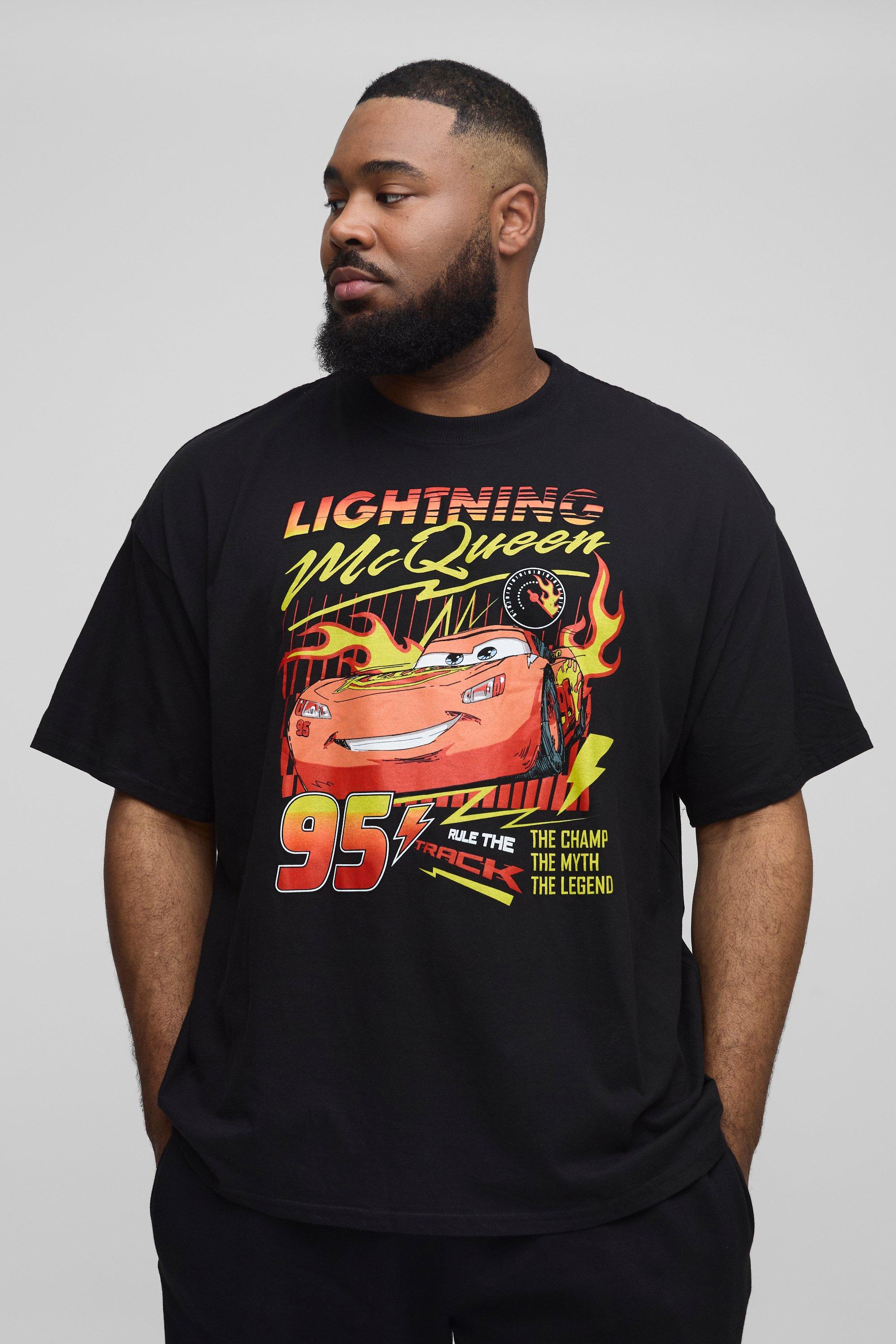 Mens Black Plus Oversized Pixar Cars Lightning License T-shirt, Black