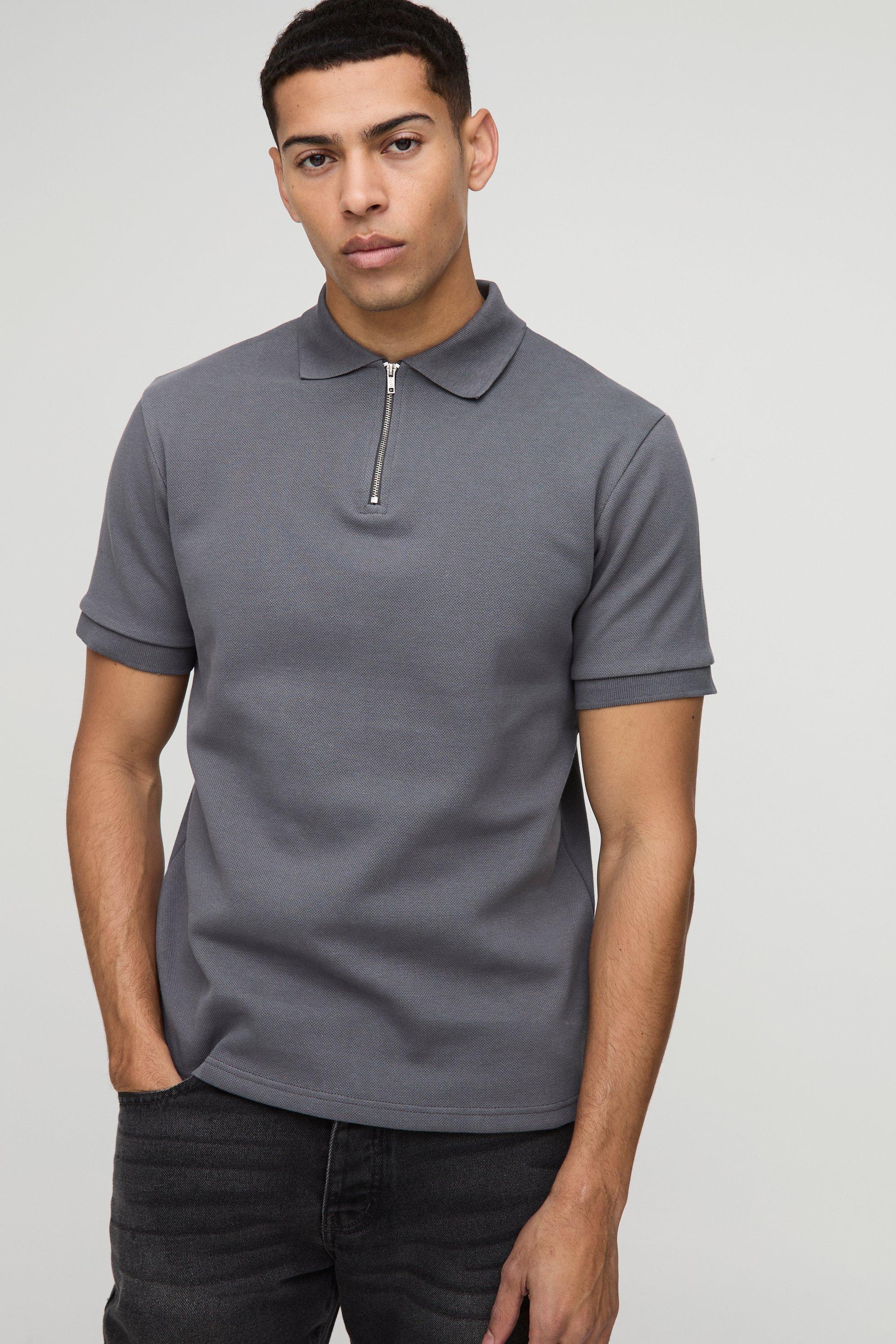 Mens Grey Slim Fit Smart Pique Interlock Zip Polo Shirt, Grey