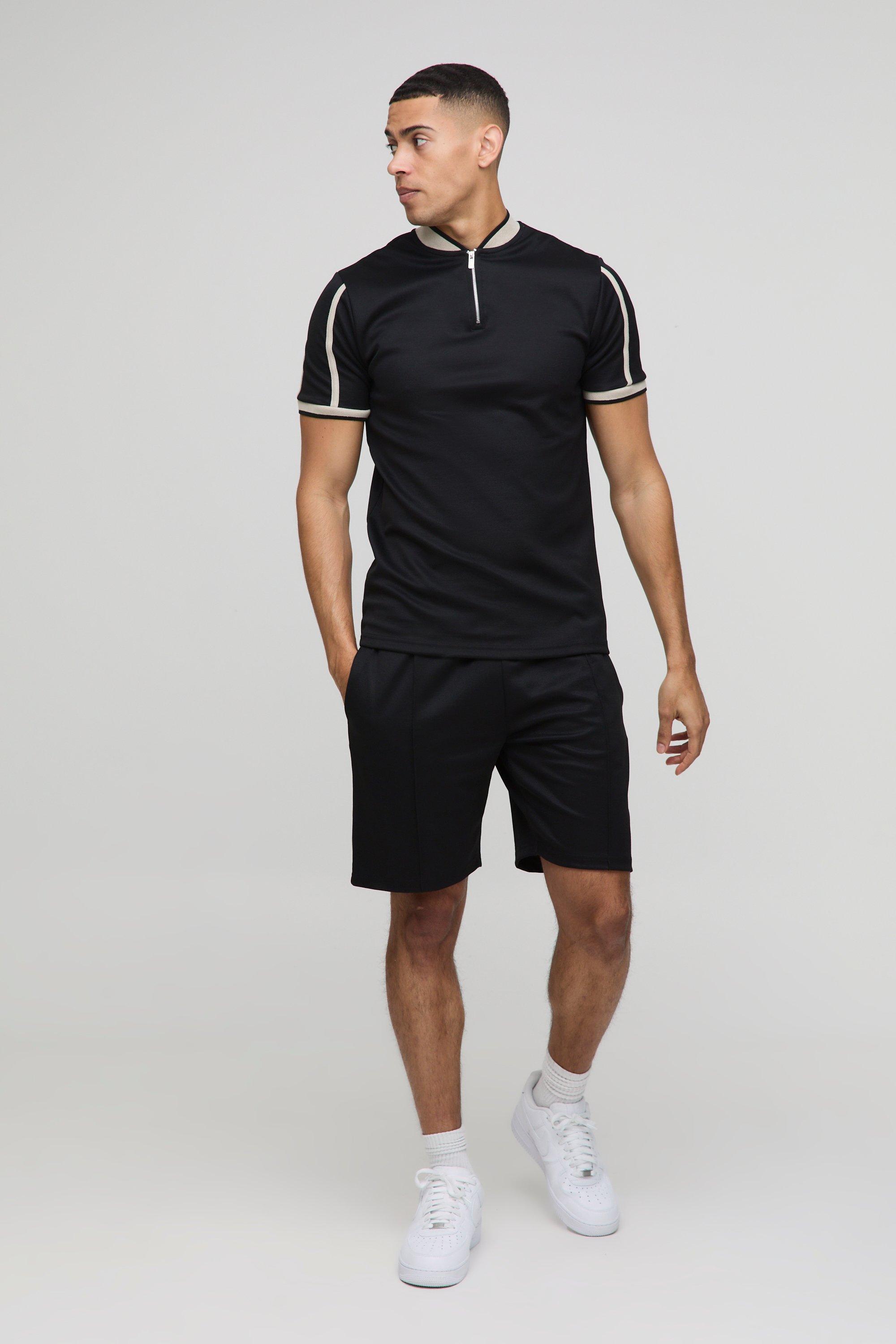Slim Fit Pique Interlock Bomber Neck Polo Shirt Smart Short Set