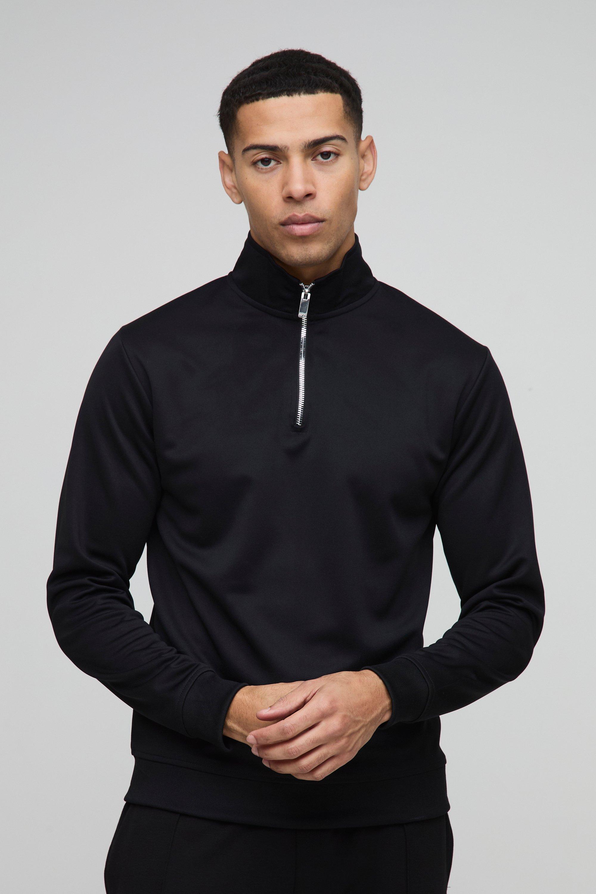 Mens Black Slim Fit Basic Interlock Funnel Neck Sweatshirt, Black