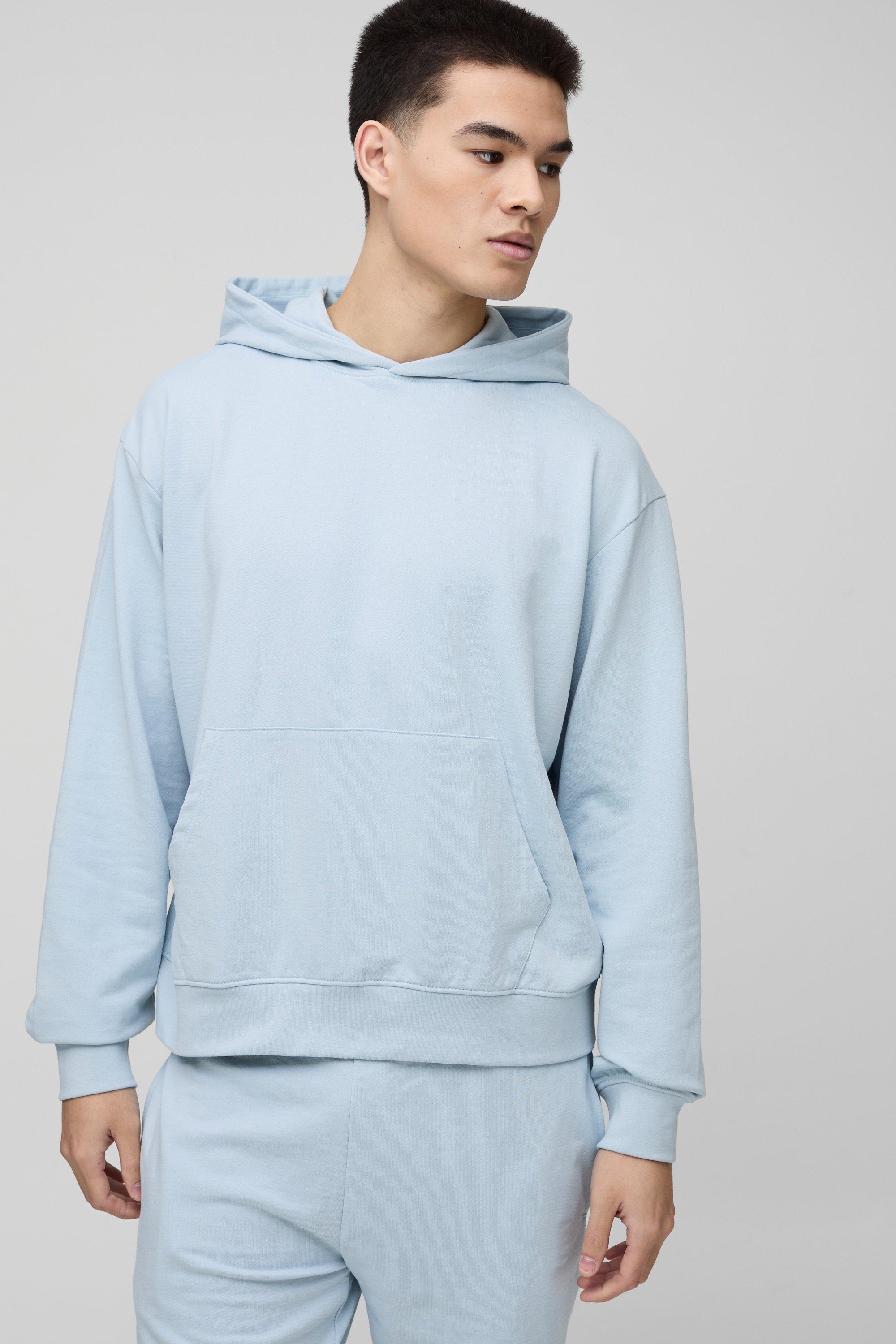 Mens Blue 260GSM Loopback Basic Oversized Boxy Hoodie, Blue