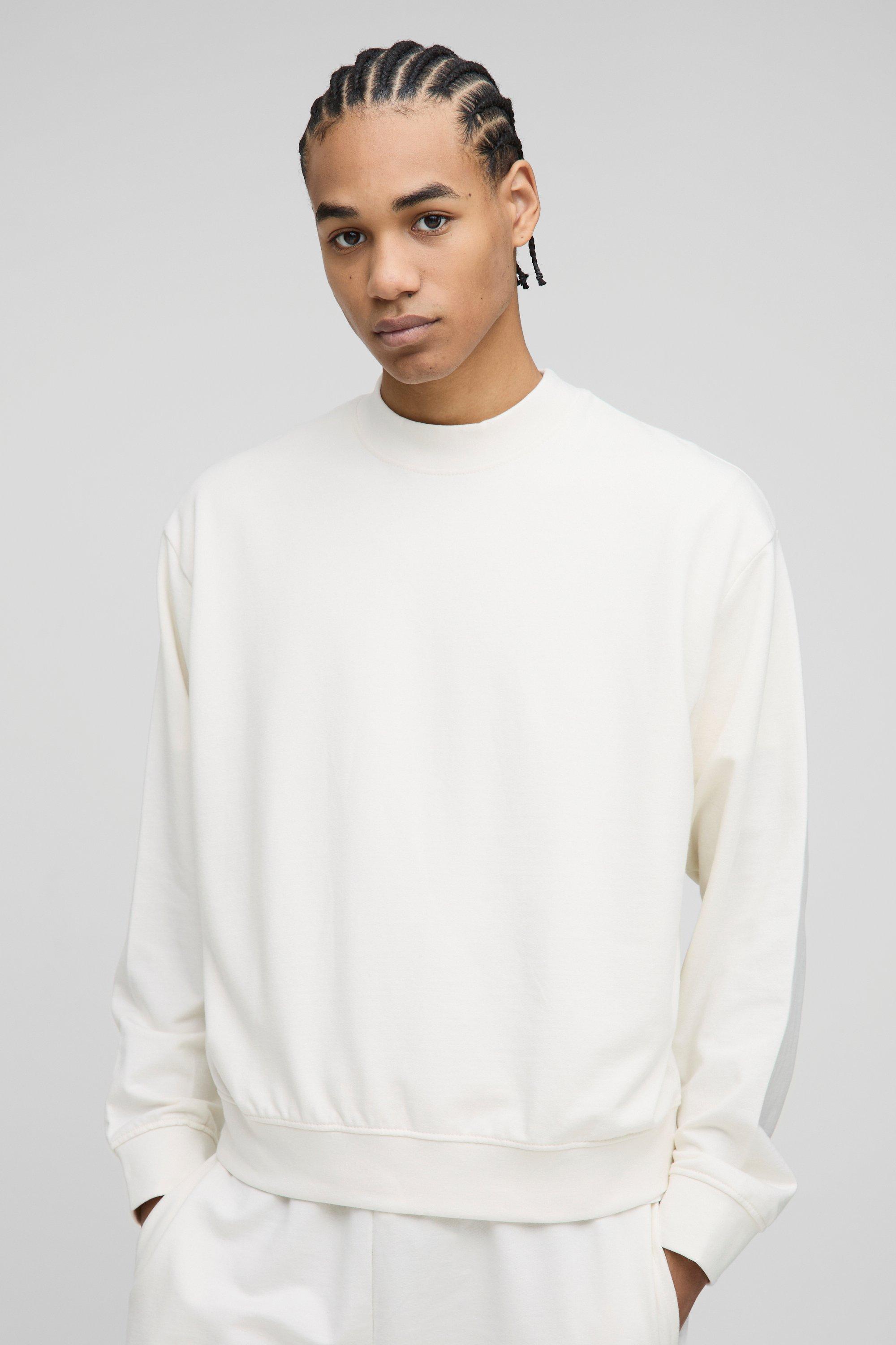 Mens Cream Lightweight Basic Oversized Boxy Extended Neck Sweatshirt, Cream