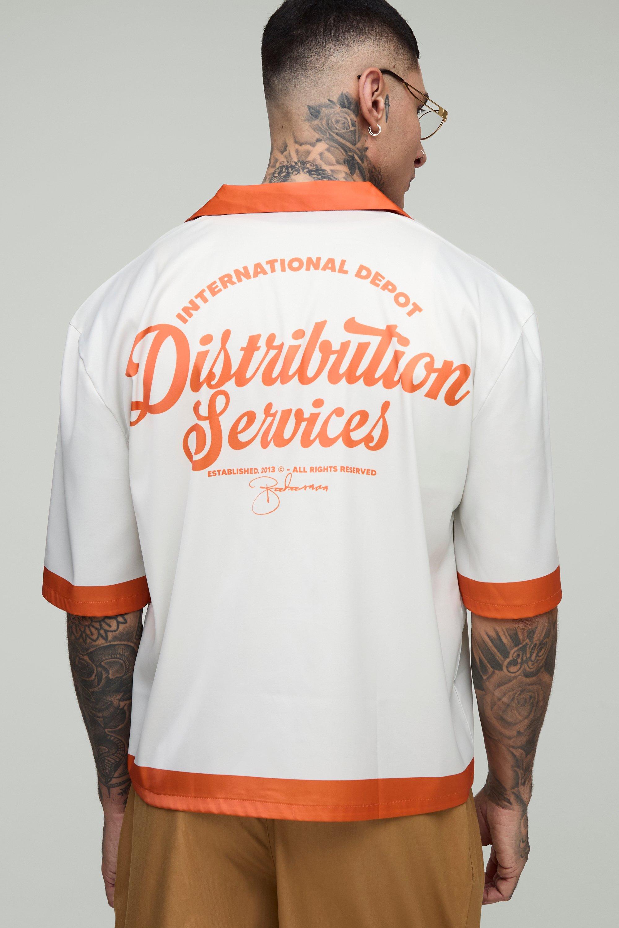 Mens Cream Tall Oversized Boxy Border Printed Satin Shirt, Cream