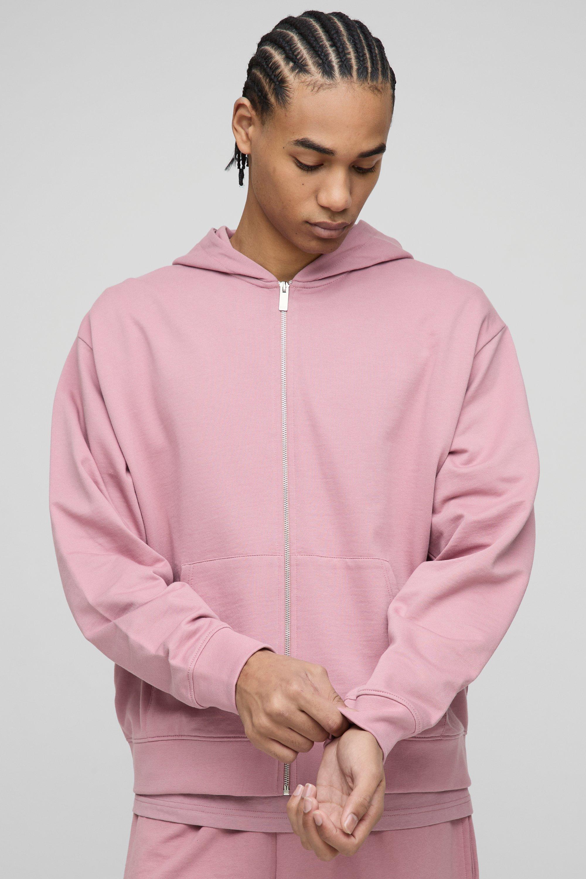 Mens Pink Lightweight Basic Oversized Boxy Zip Through Hoodie, Pink