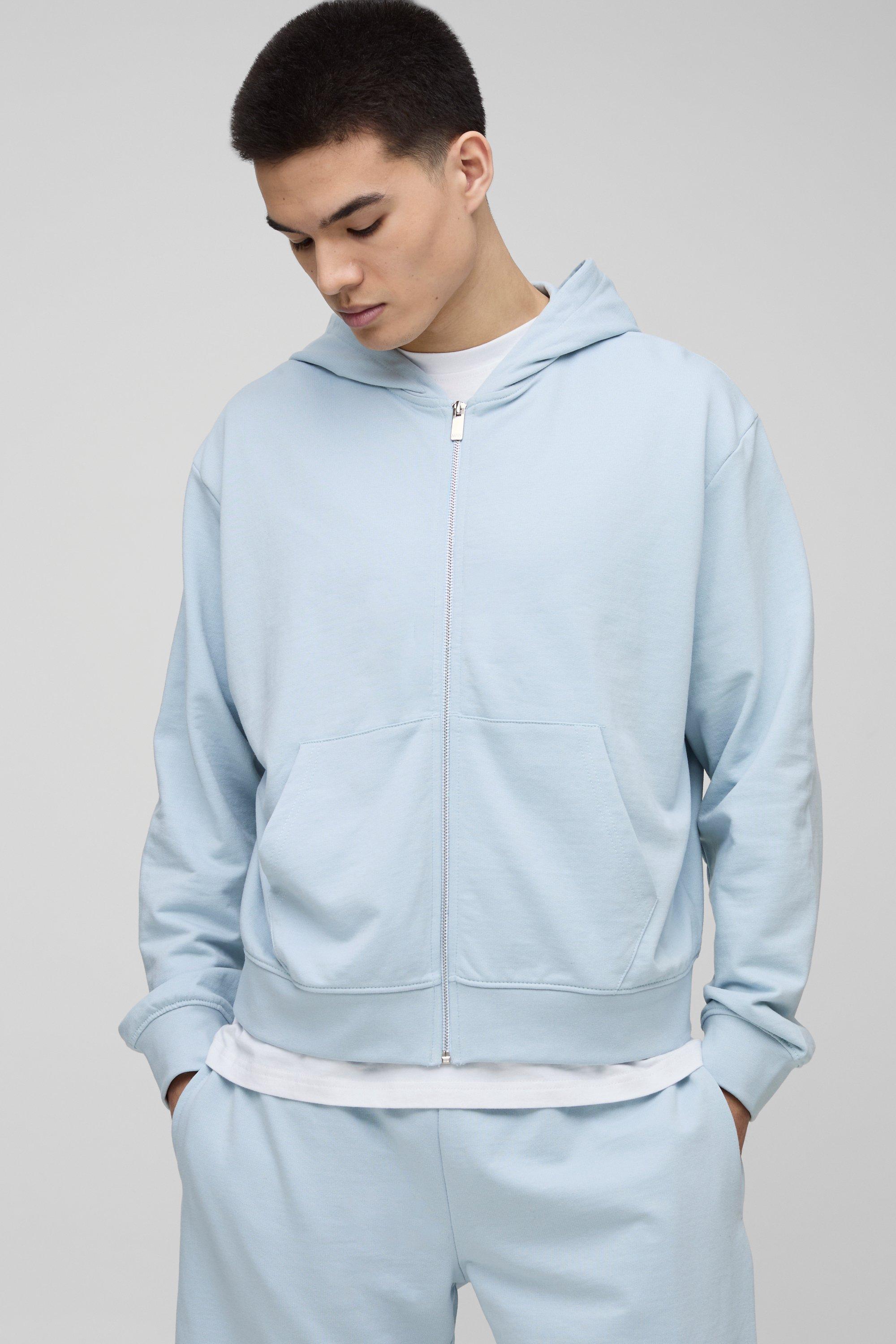 Mens Blue Lightweight Basic Oversized Boxy Zip Through Hoodie, Blue