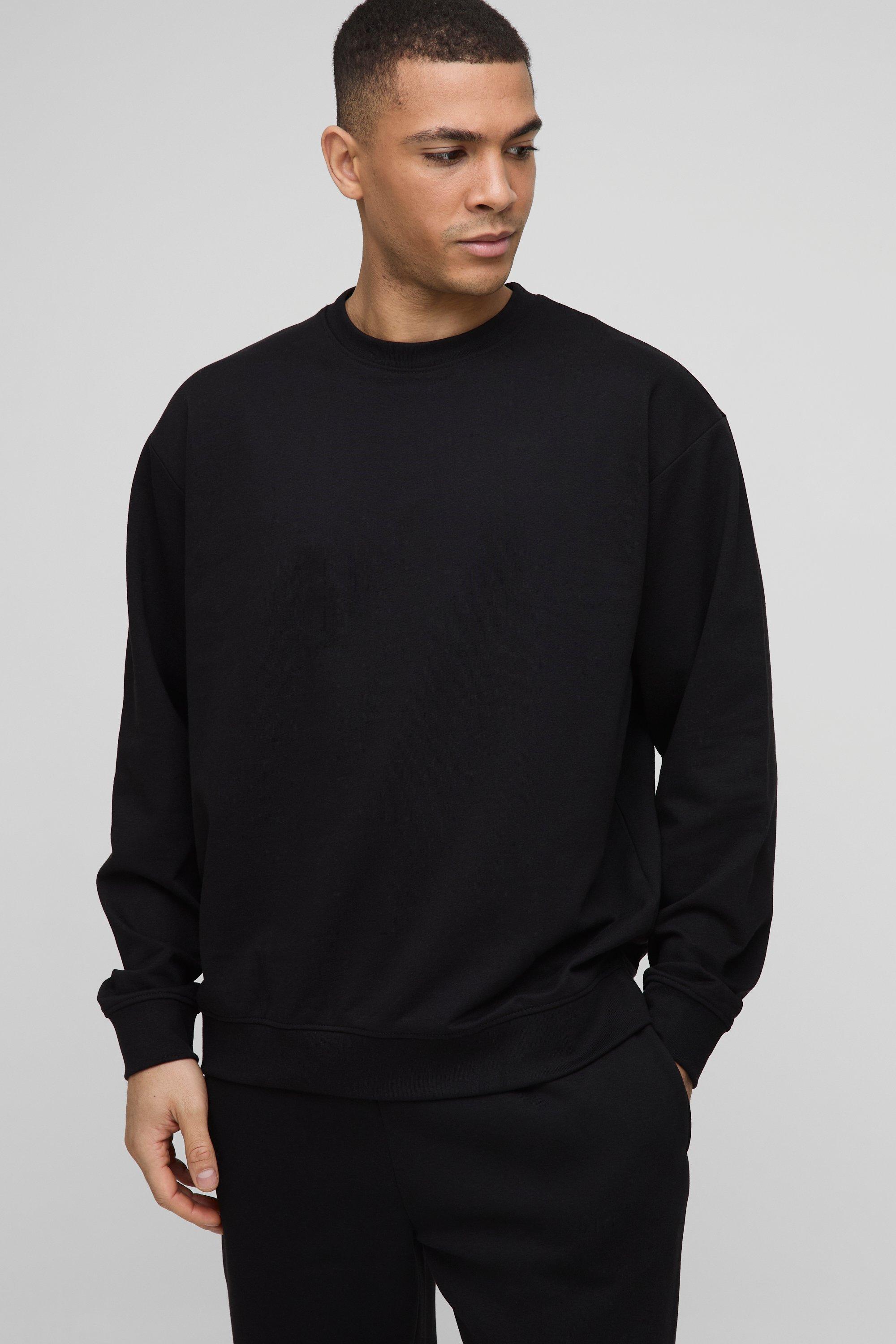 Mens Black 260GSM Loopback Basic Oversized Crew Neck Sweatshirt, Black