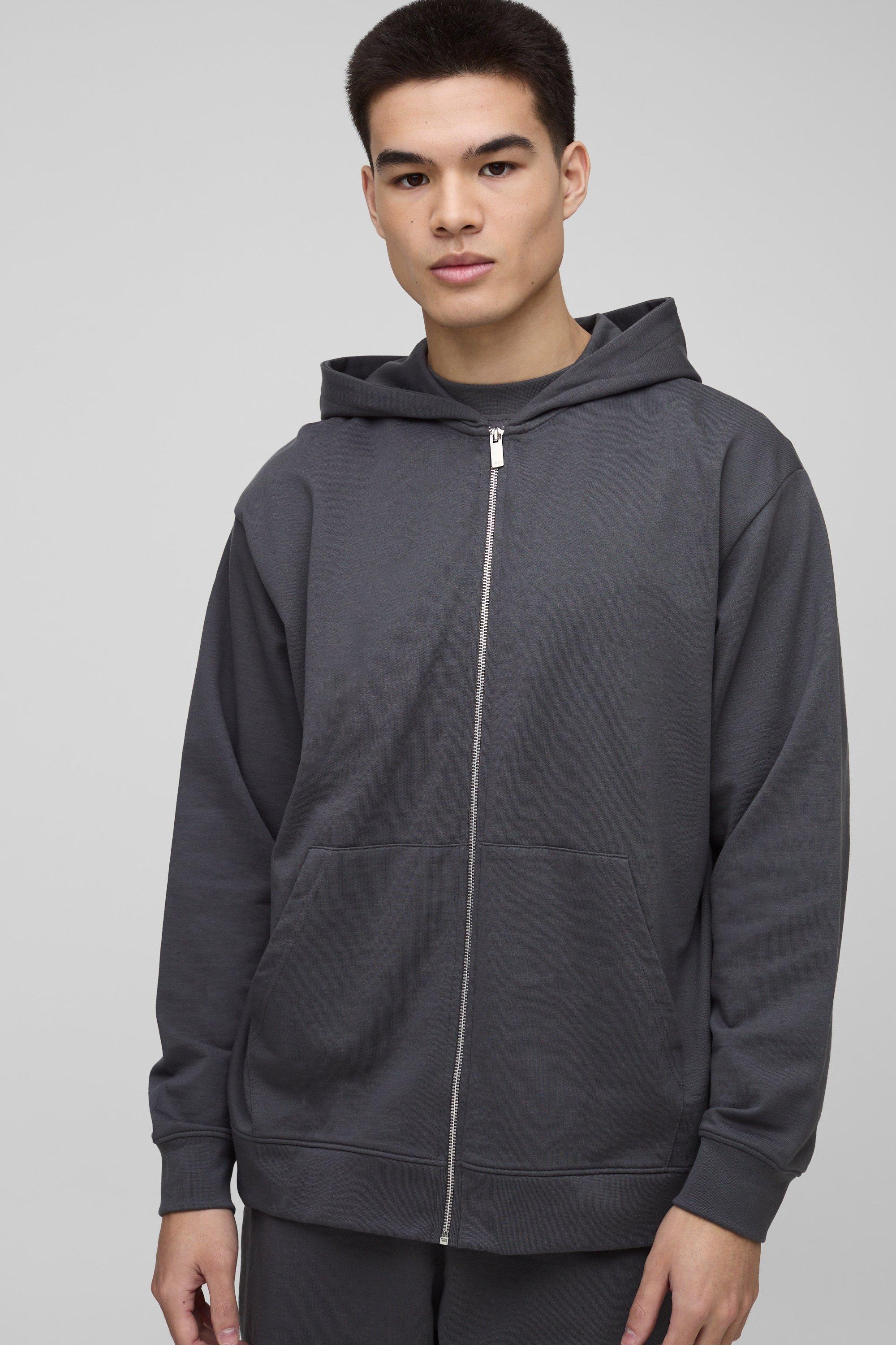 Mens Grey Lightweight Basic Oversized Zip Through Hoodie, Grey