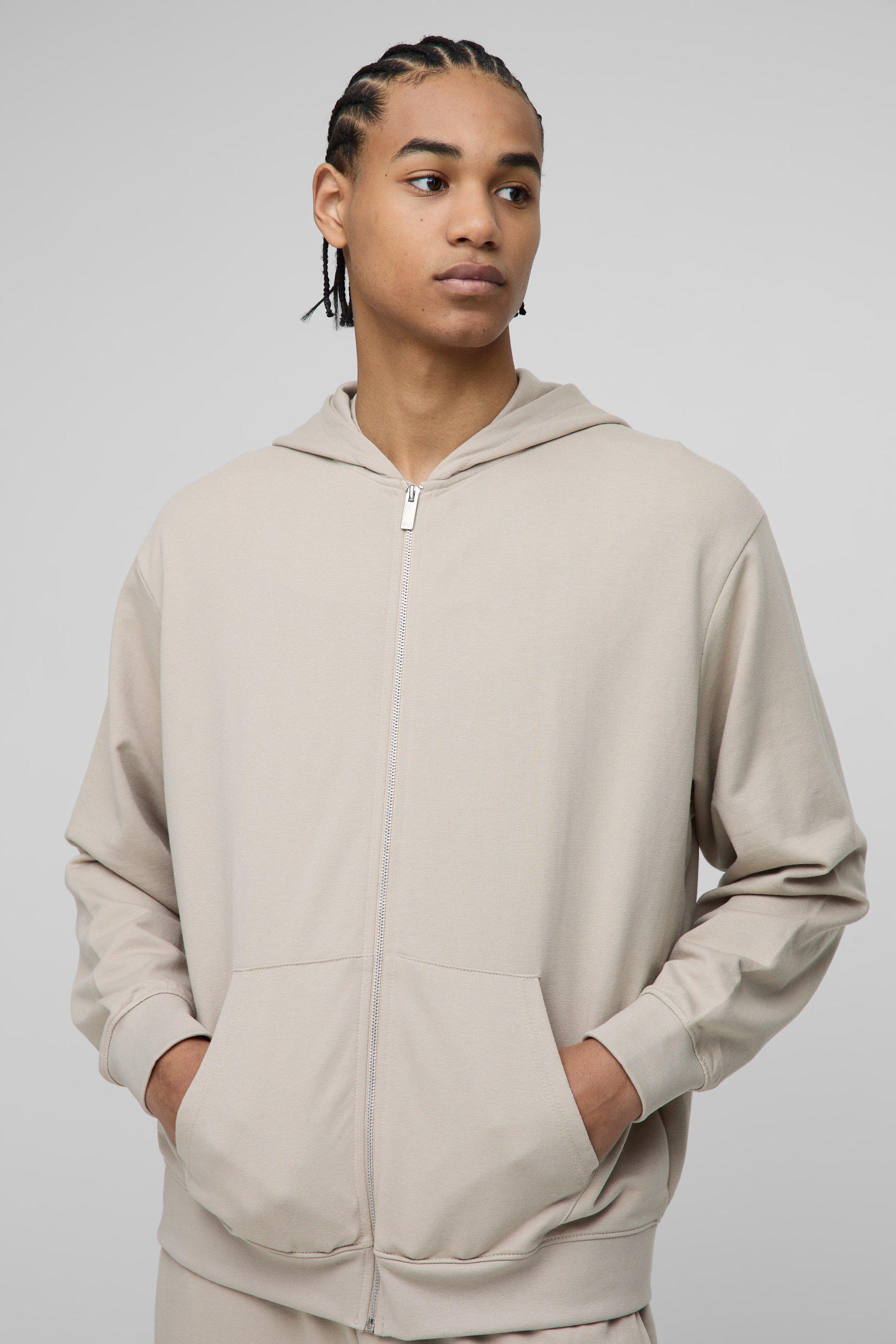 Mens Beige Lightweight Basic Oversized Zip Through Hoodie, Beige
