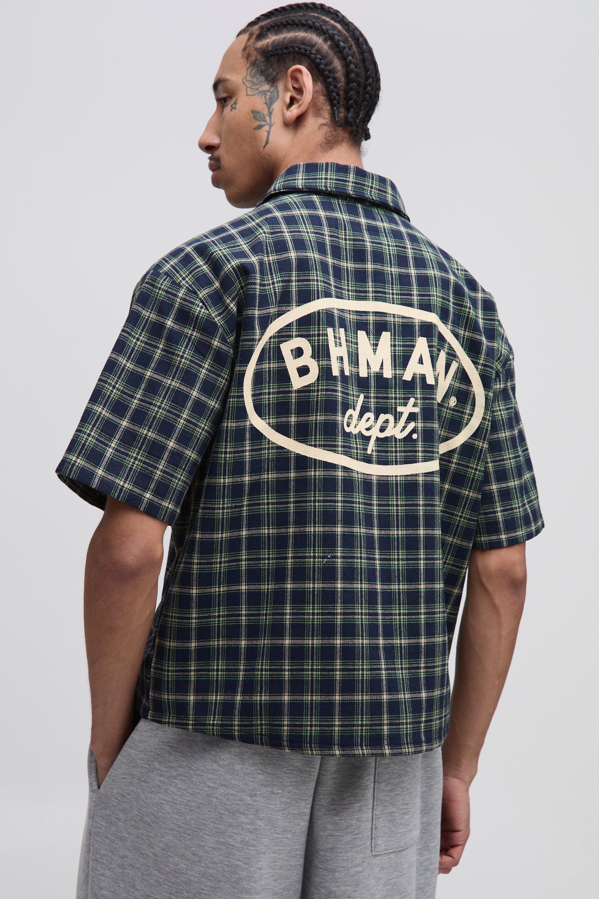 Image of Camicia oversize a quadri con ricami e mezze maniche, Navy