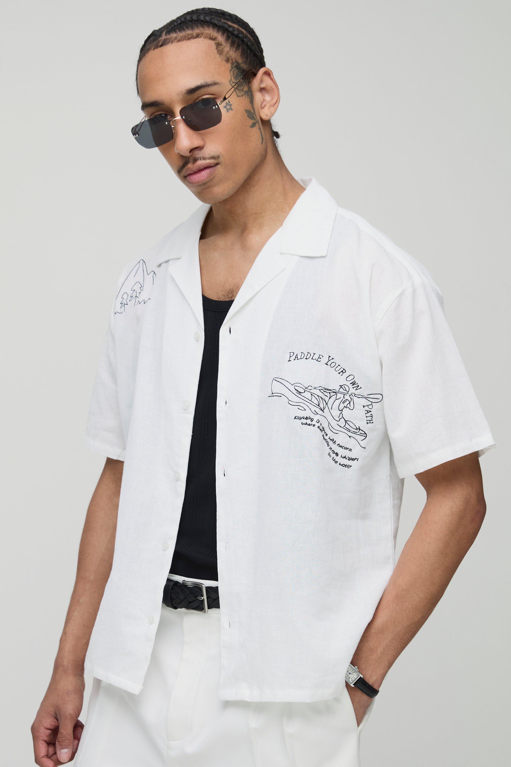 Mens White Oversized Linen Look Embroidered Shirt, White