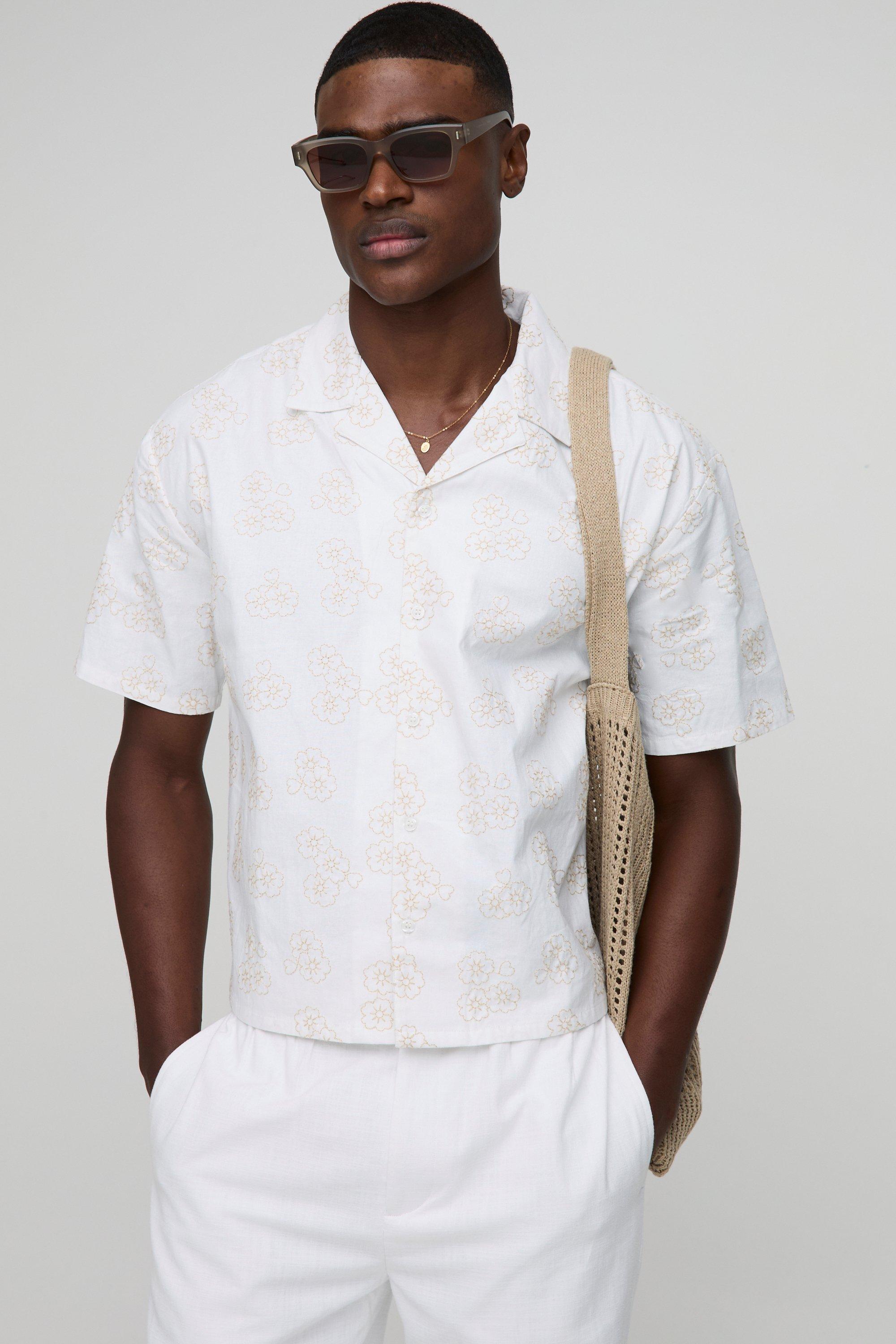 Mens White Oversized Boxy Embroidered Shirt, White