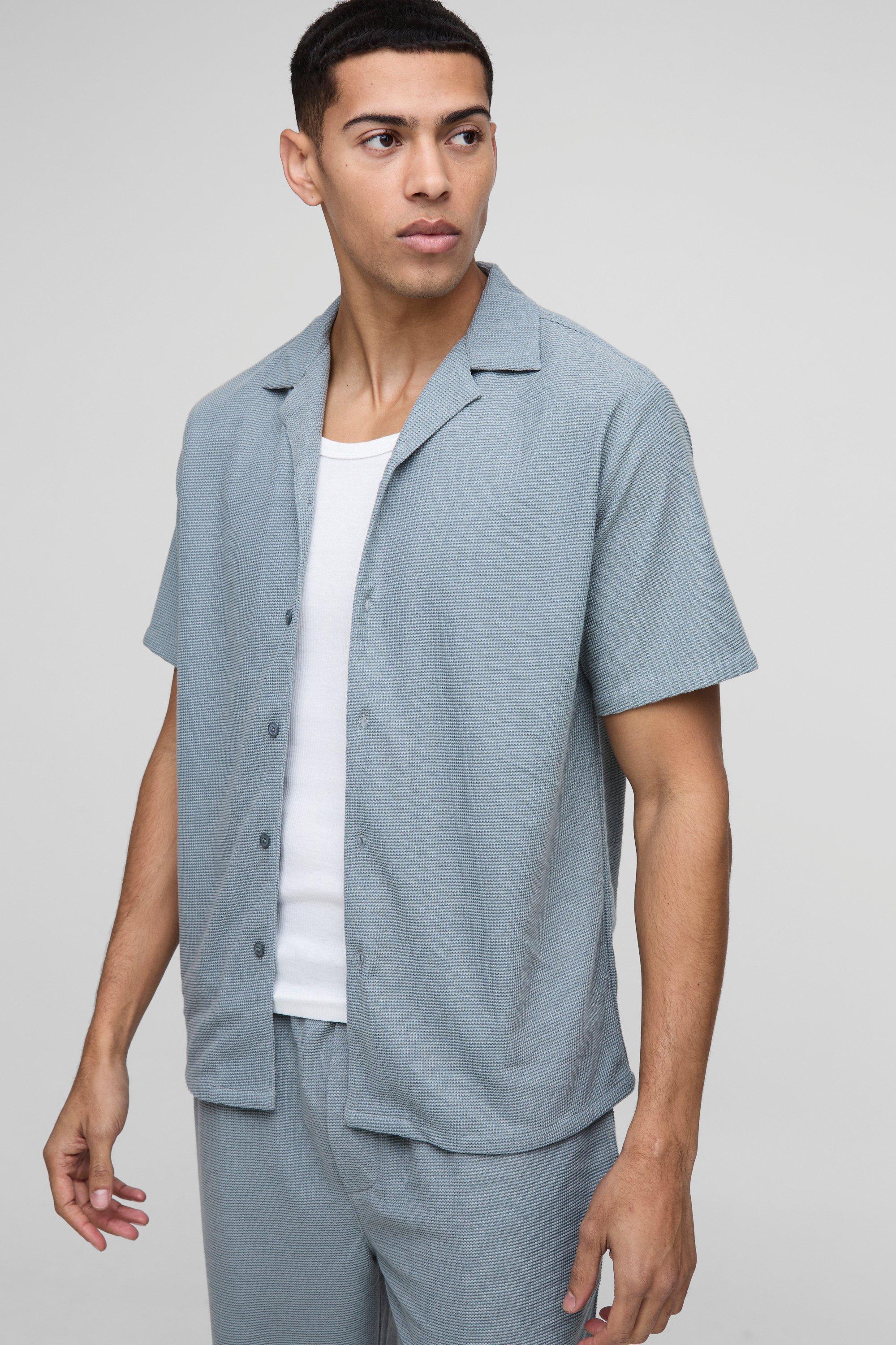 Mens Blue Regular Fit Honeycomb Waffle Revere Shirt, Blue