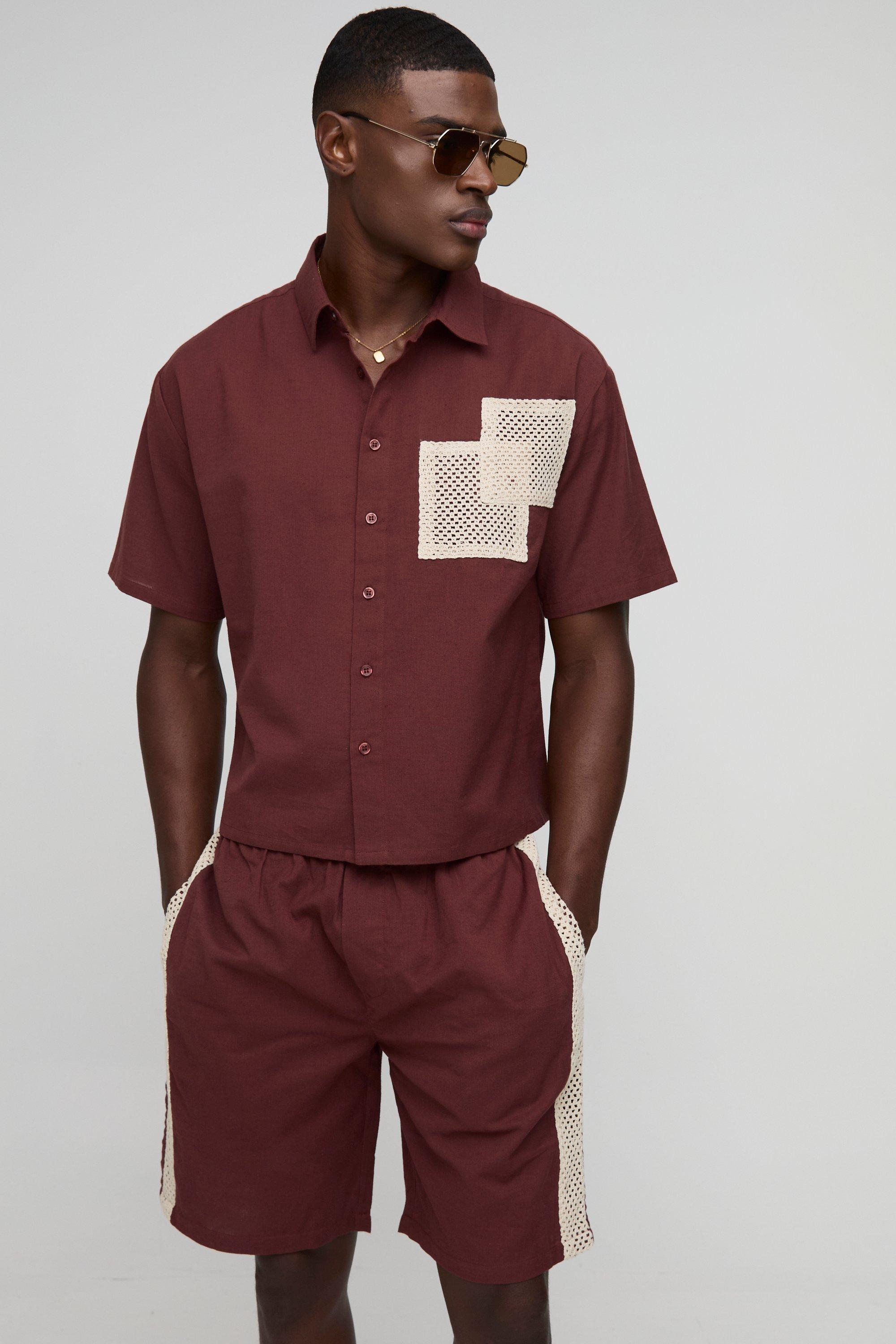 Mens Brown Oversized Boxy Linen Look Open Weave Pocket Shirt & Relaxed Panel Short, Brown